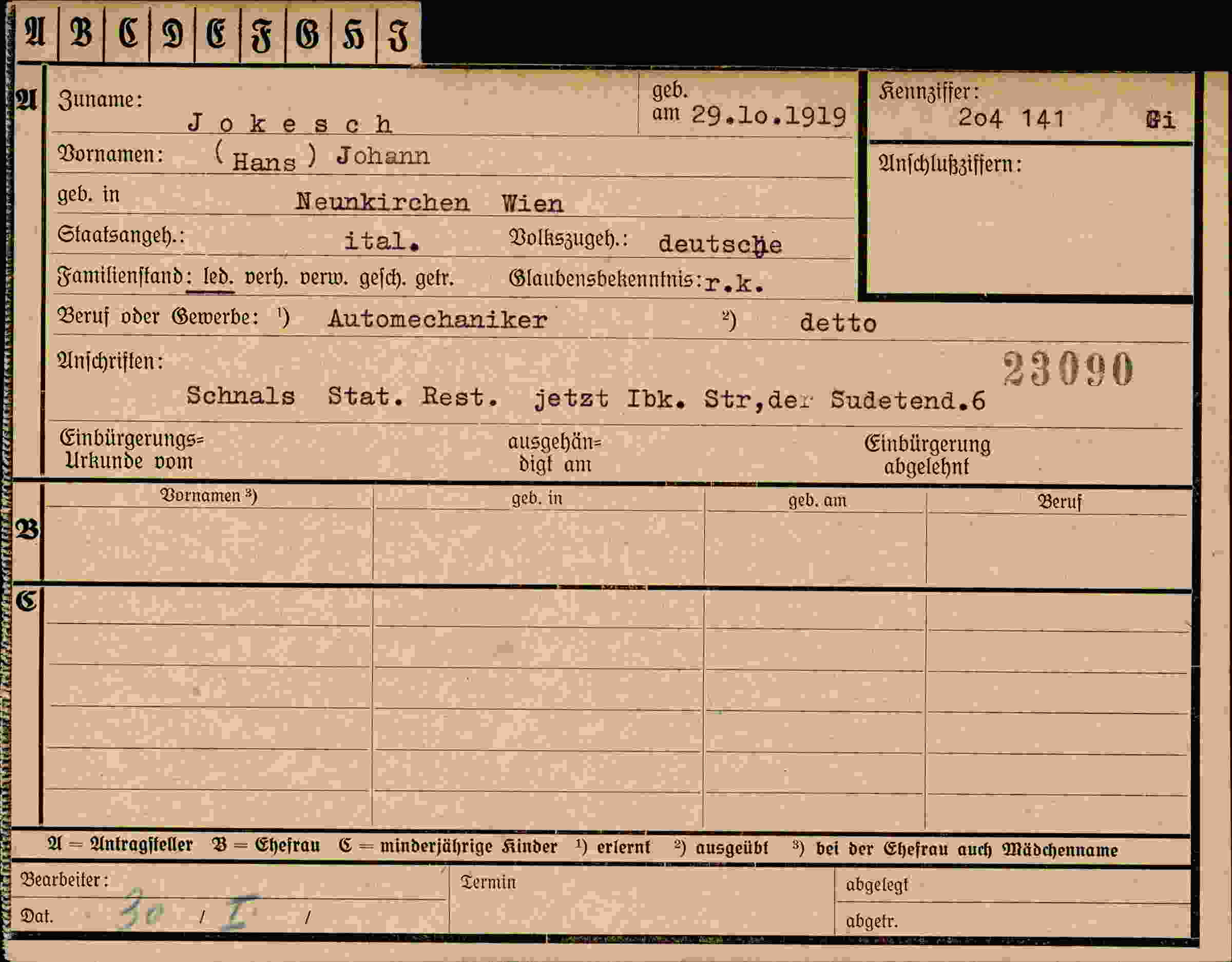 Dokument für Hans Johann Jokesch