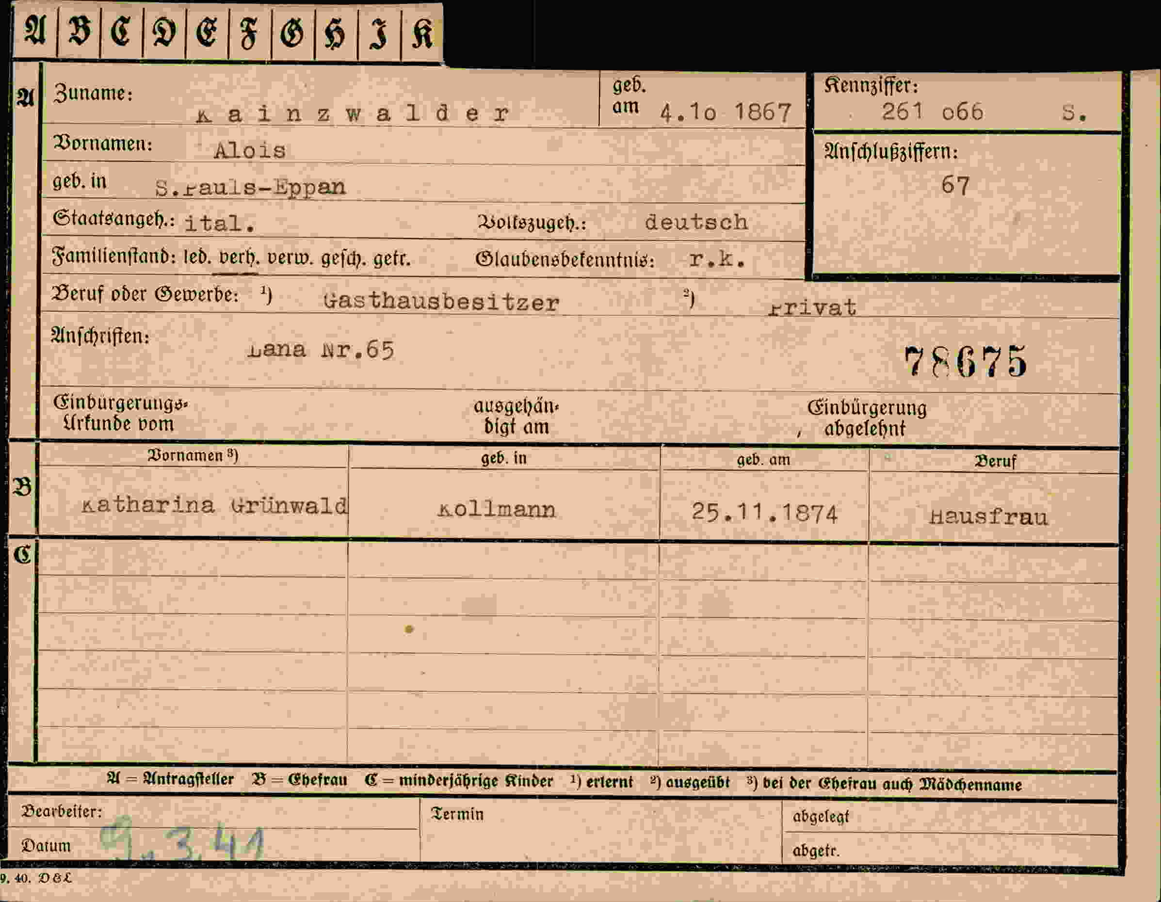 Dokument für Alois Kainzwalder