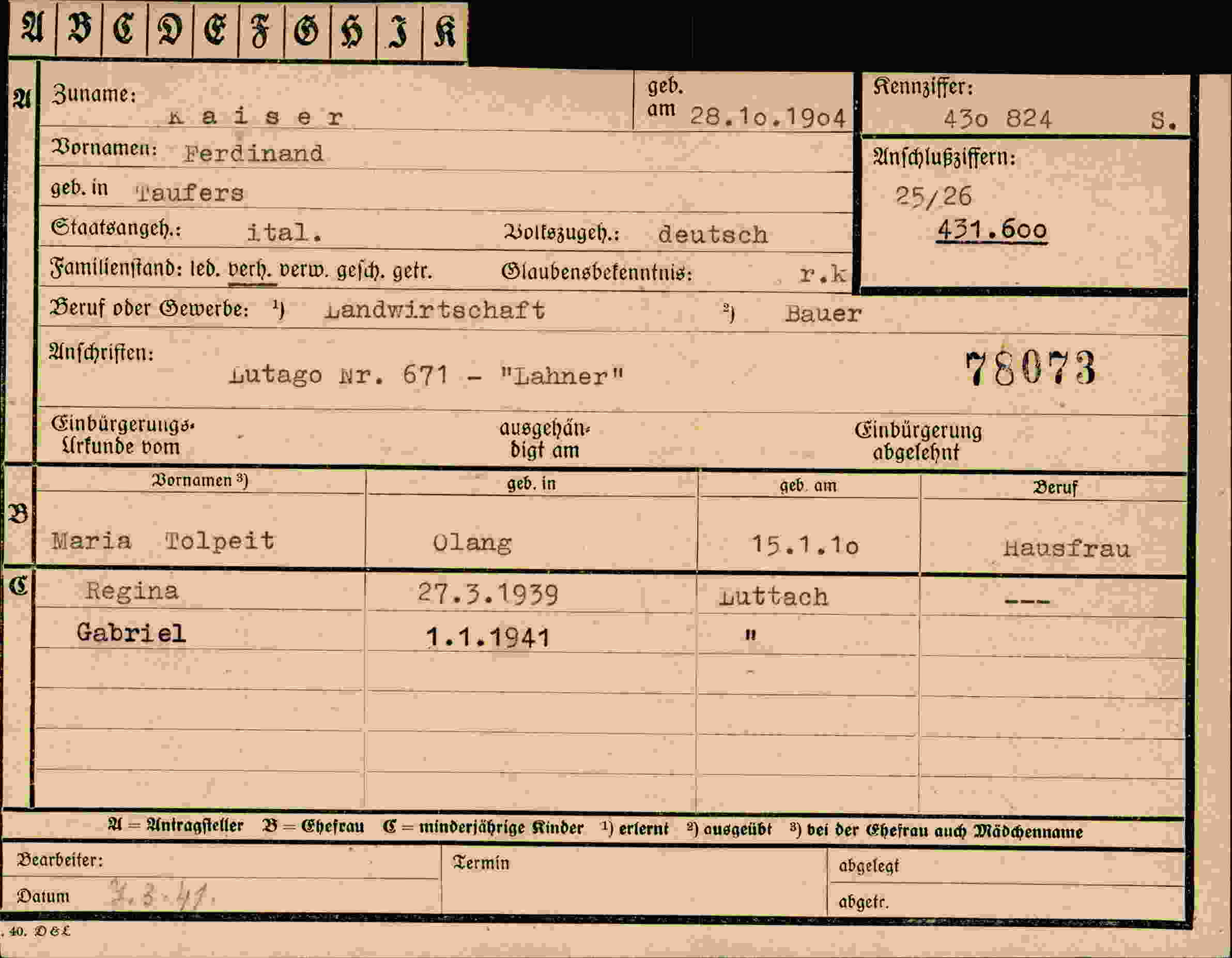 Dokument für Ferdinand Kaiser