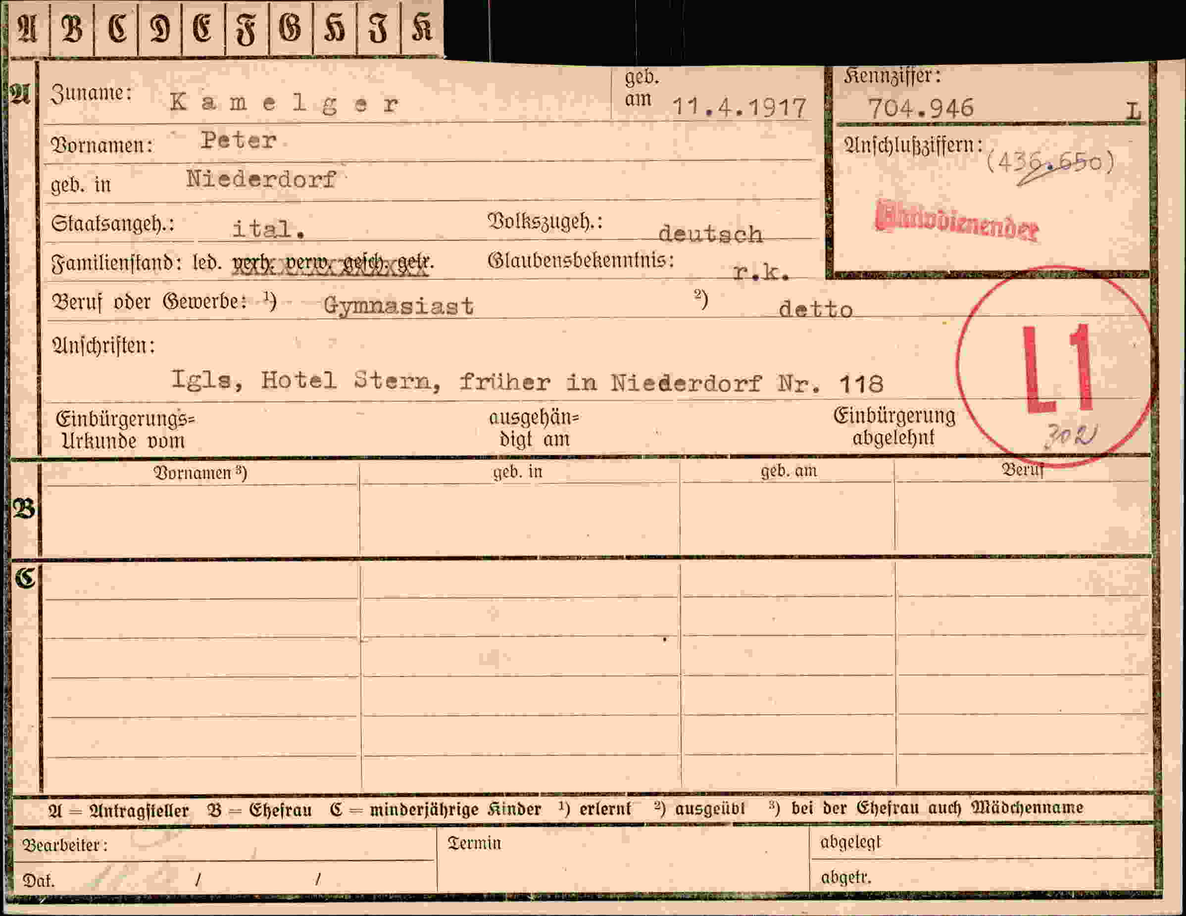 Dokument für Peter Kamelger