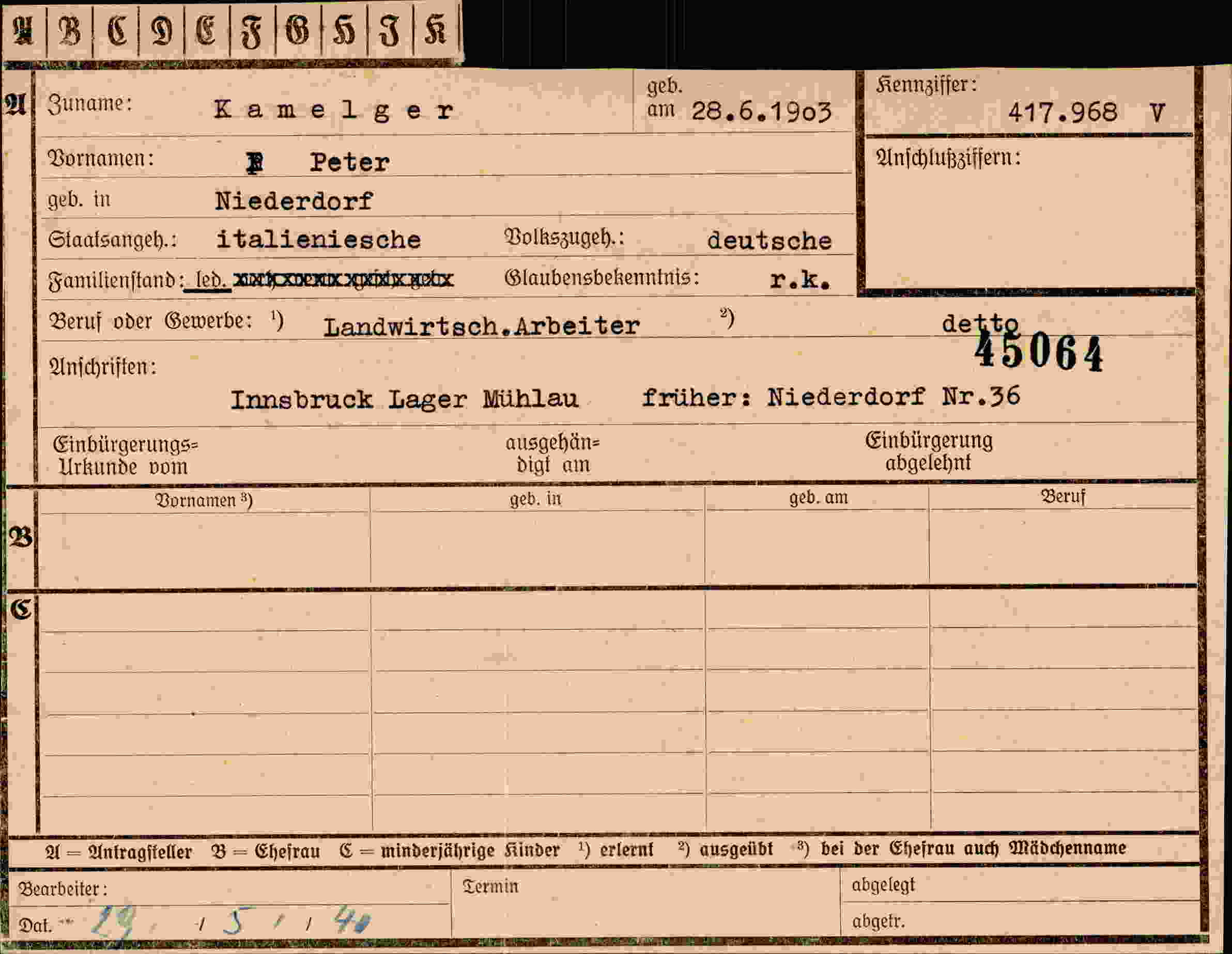 Dokument für Peter Kamelger