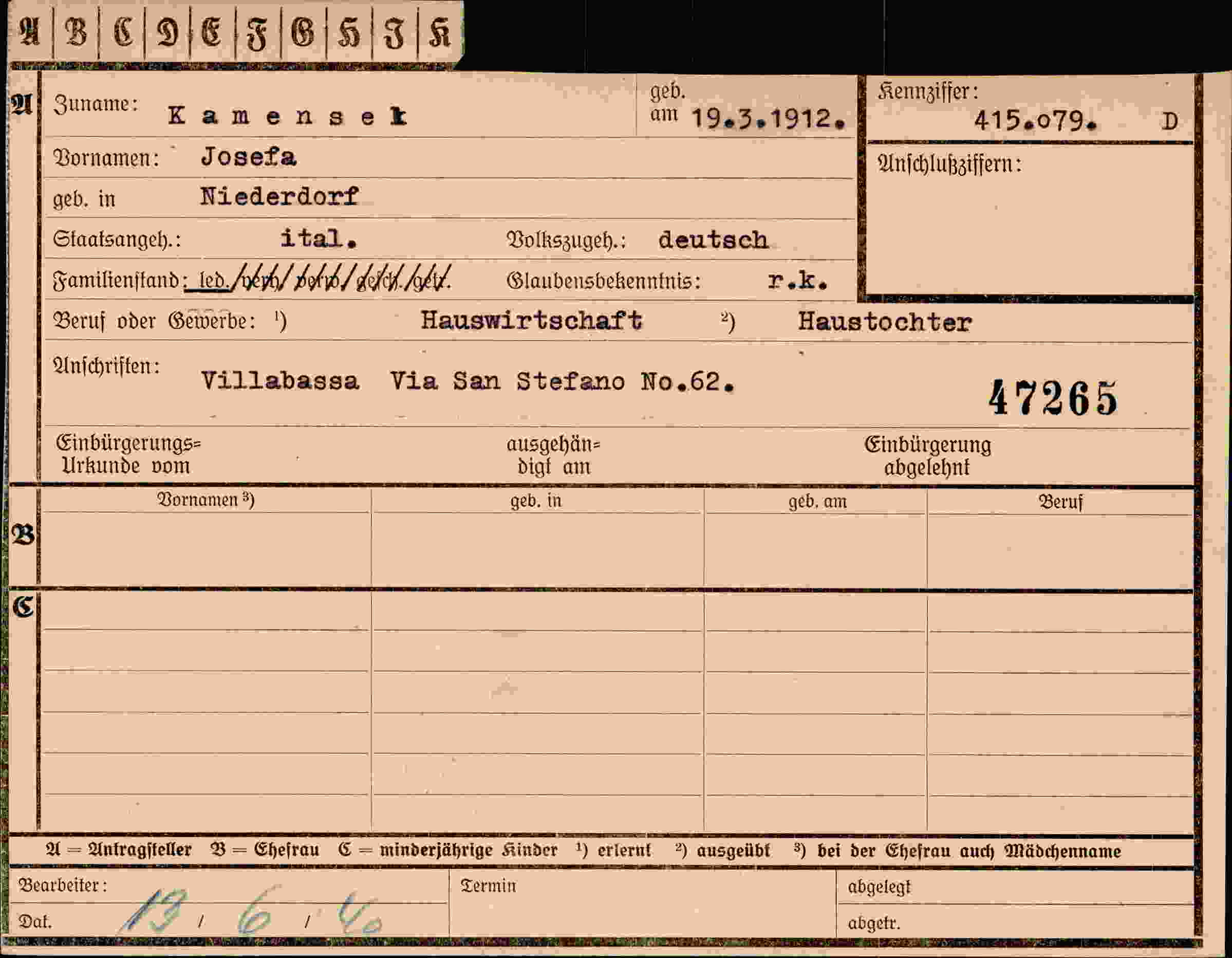 Dokument für Josefa Kamensek