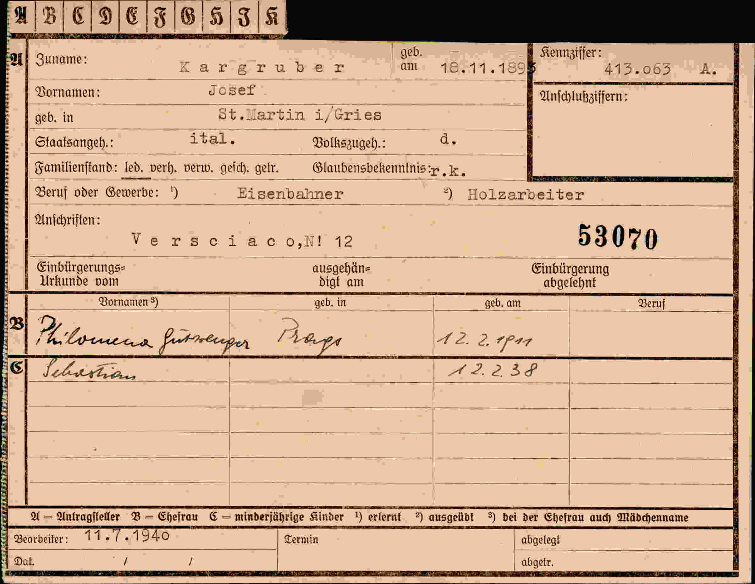 Dokument für Josef Kargruber