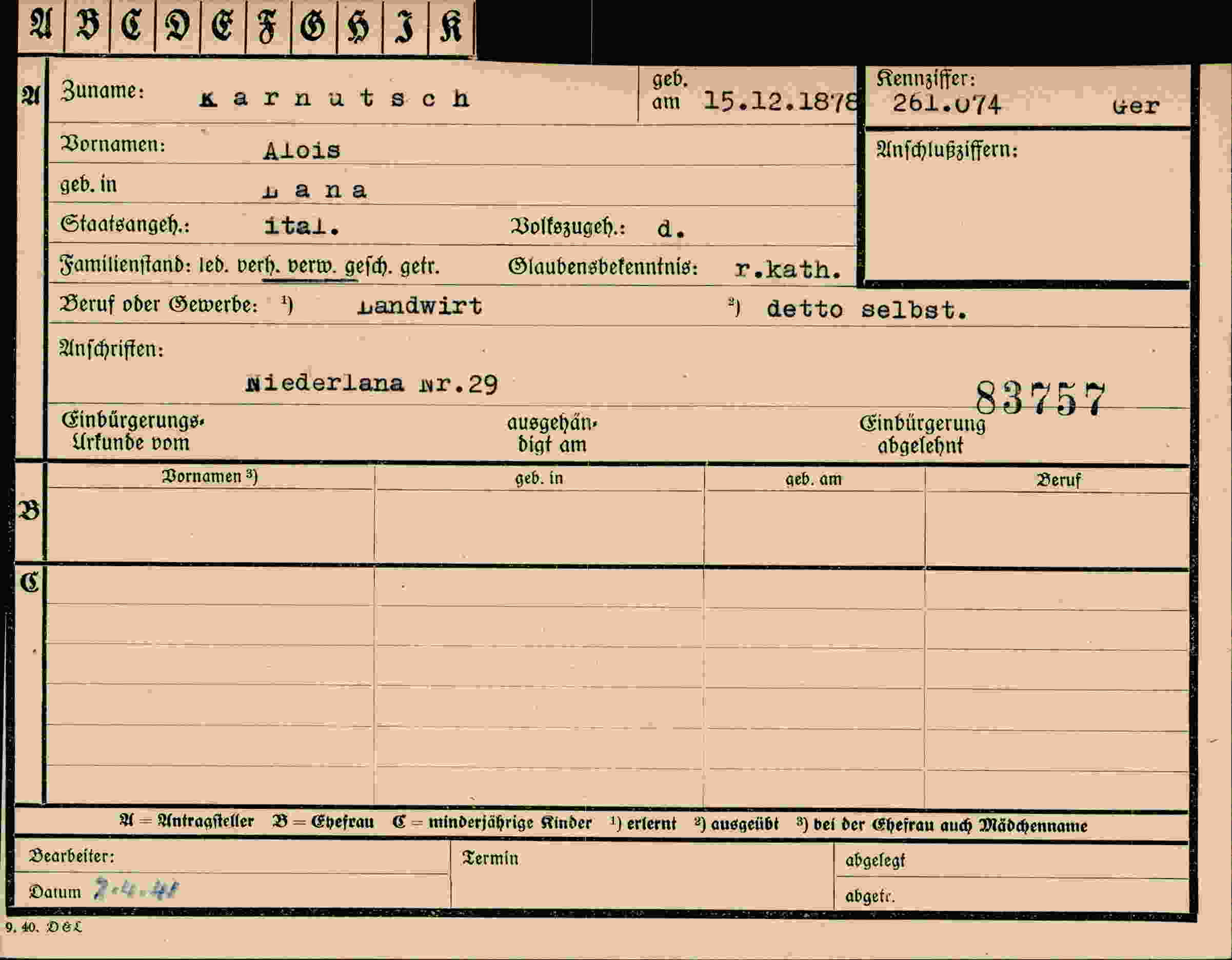 Dokument für Alois Karnutsch