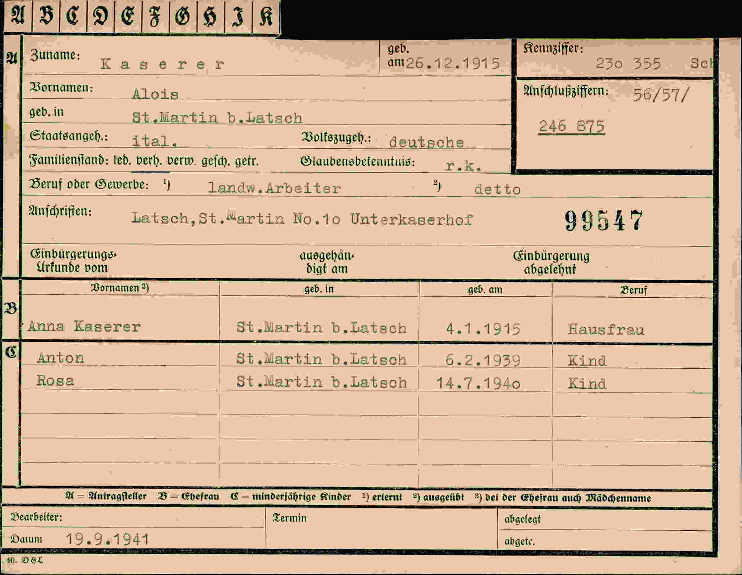 Dokument für Alois Kaserer
