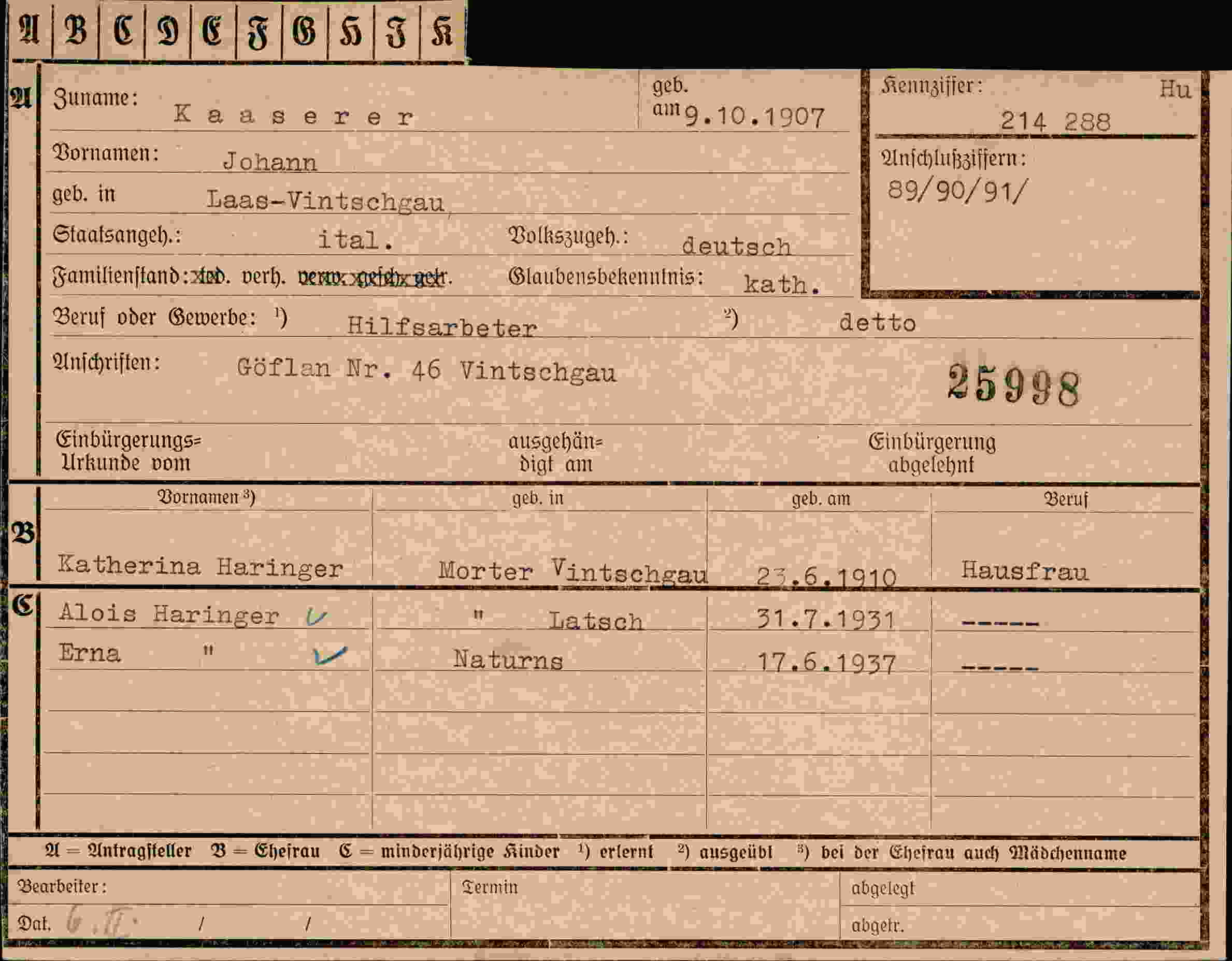 Dokument für Johann Kaaserer