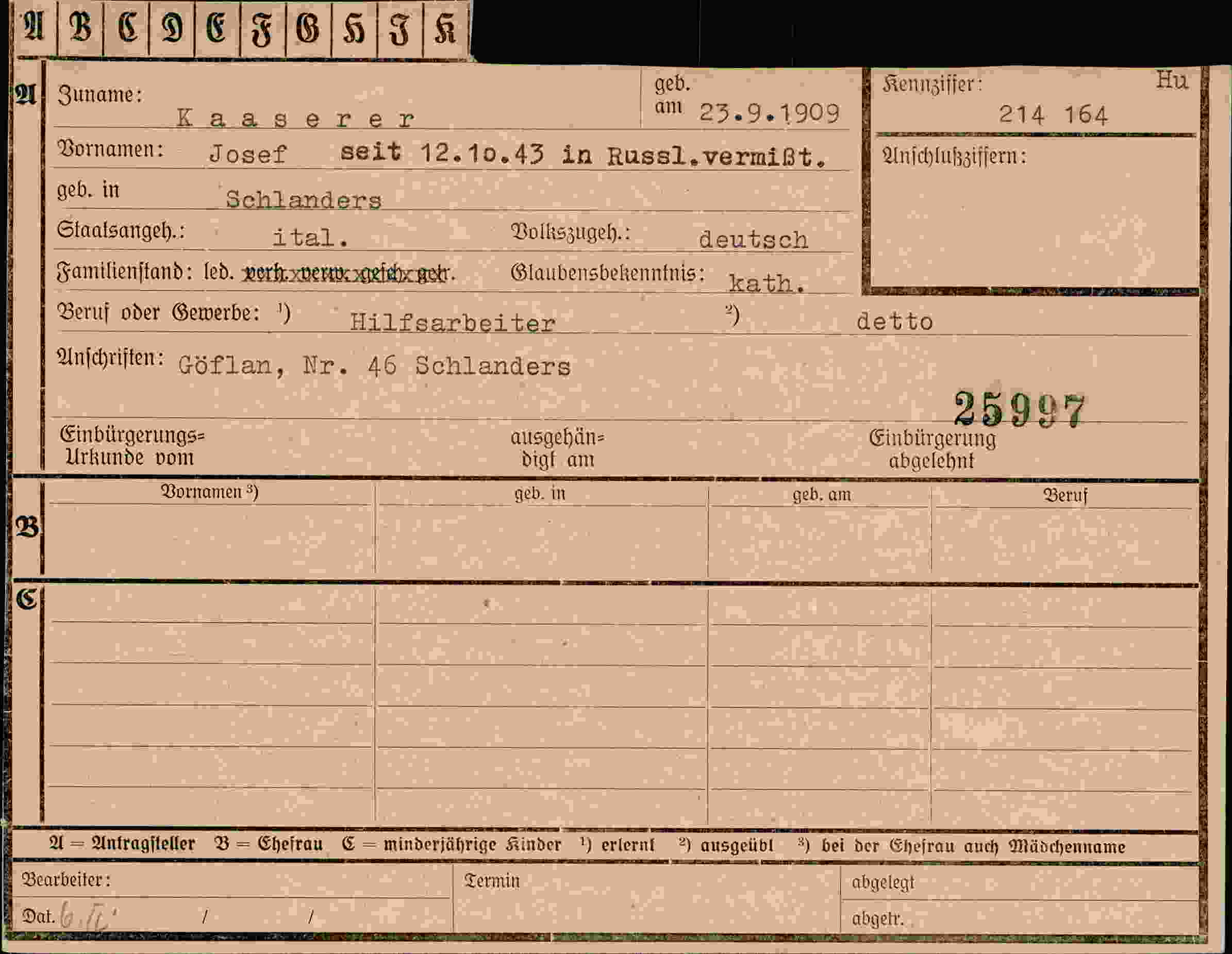 Dokument für Josef Kaaserer