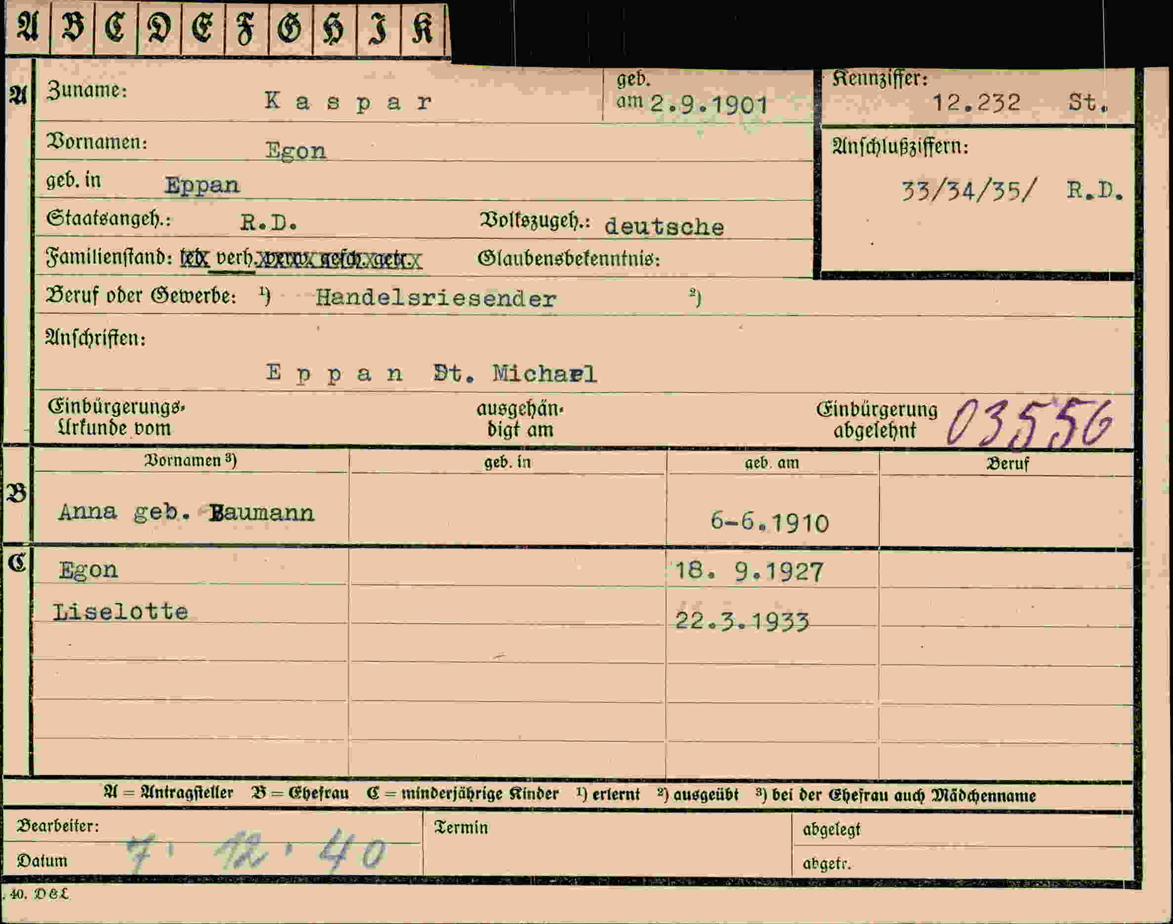Dokument für Egon Kaspar
