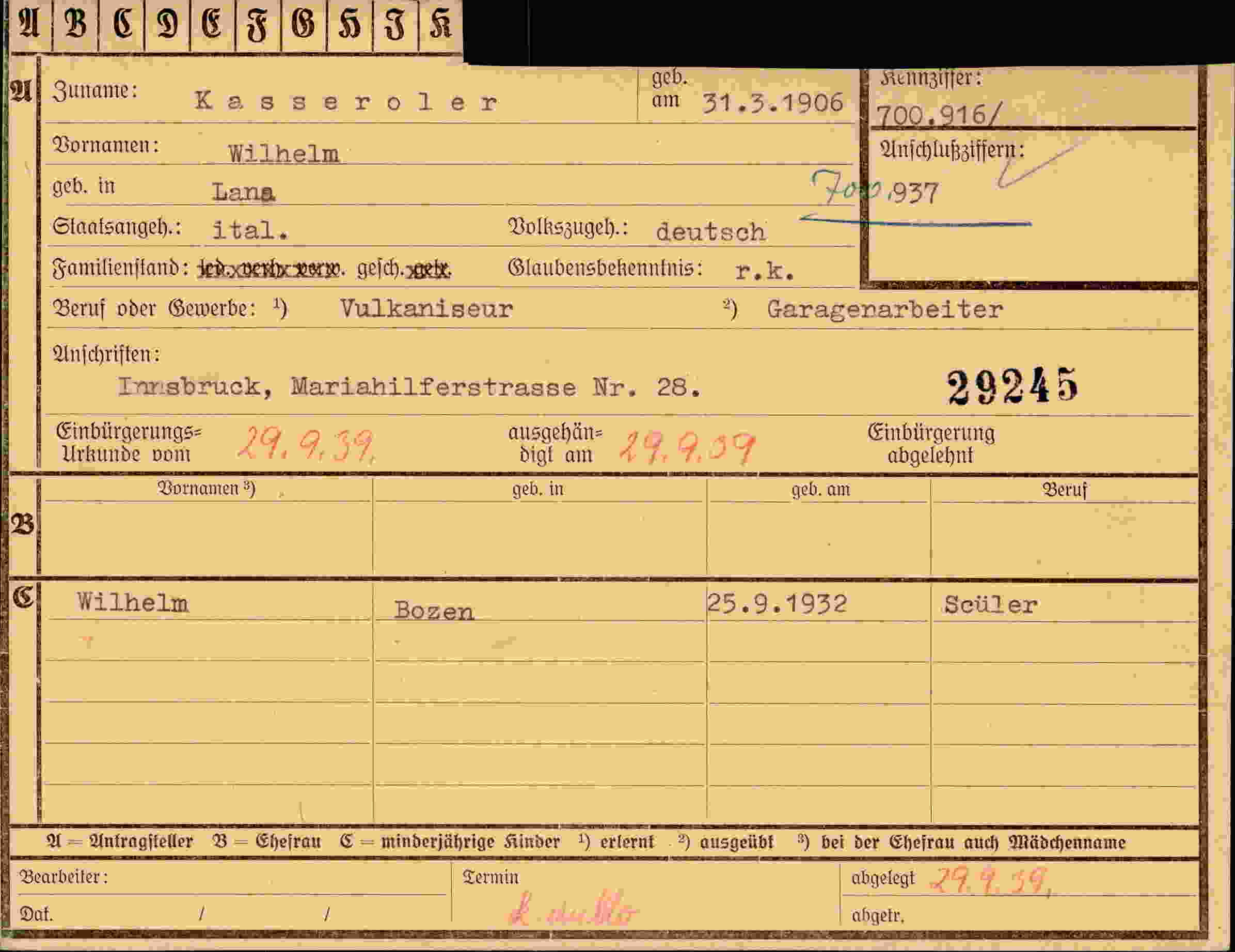 Dokument für Wilhelm Kasseroler