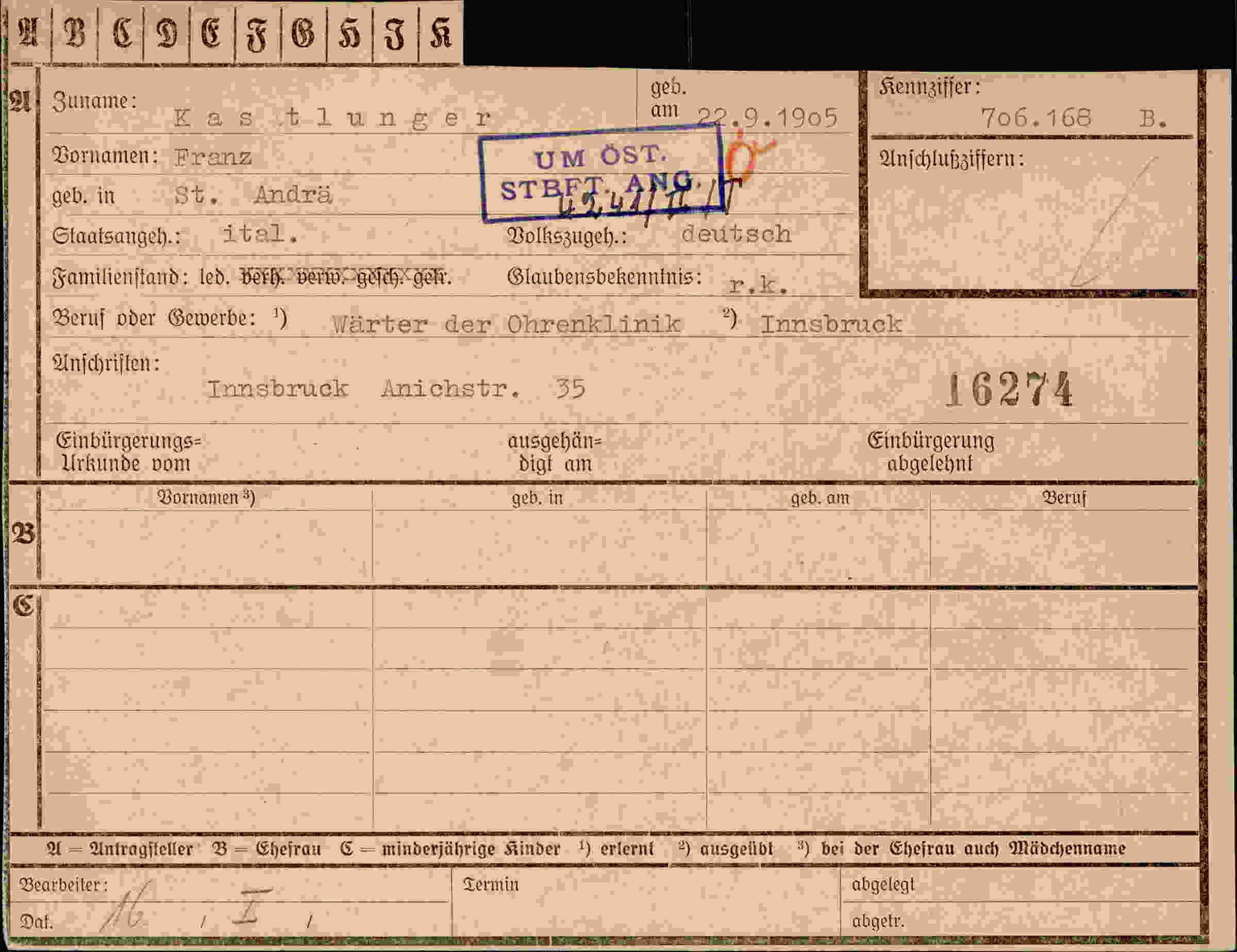 Dokument für Franz Kasltlunger