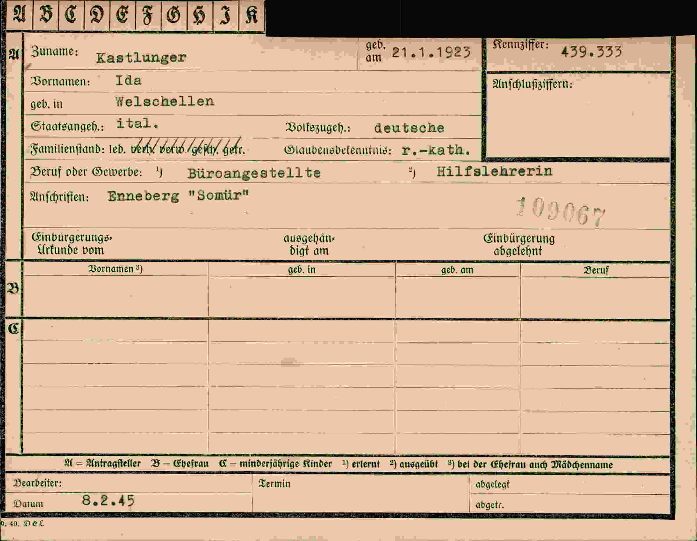 Dokument für Ida Kastlunger