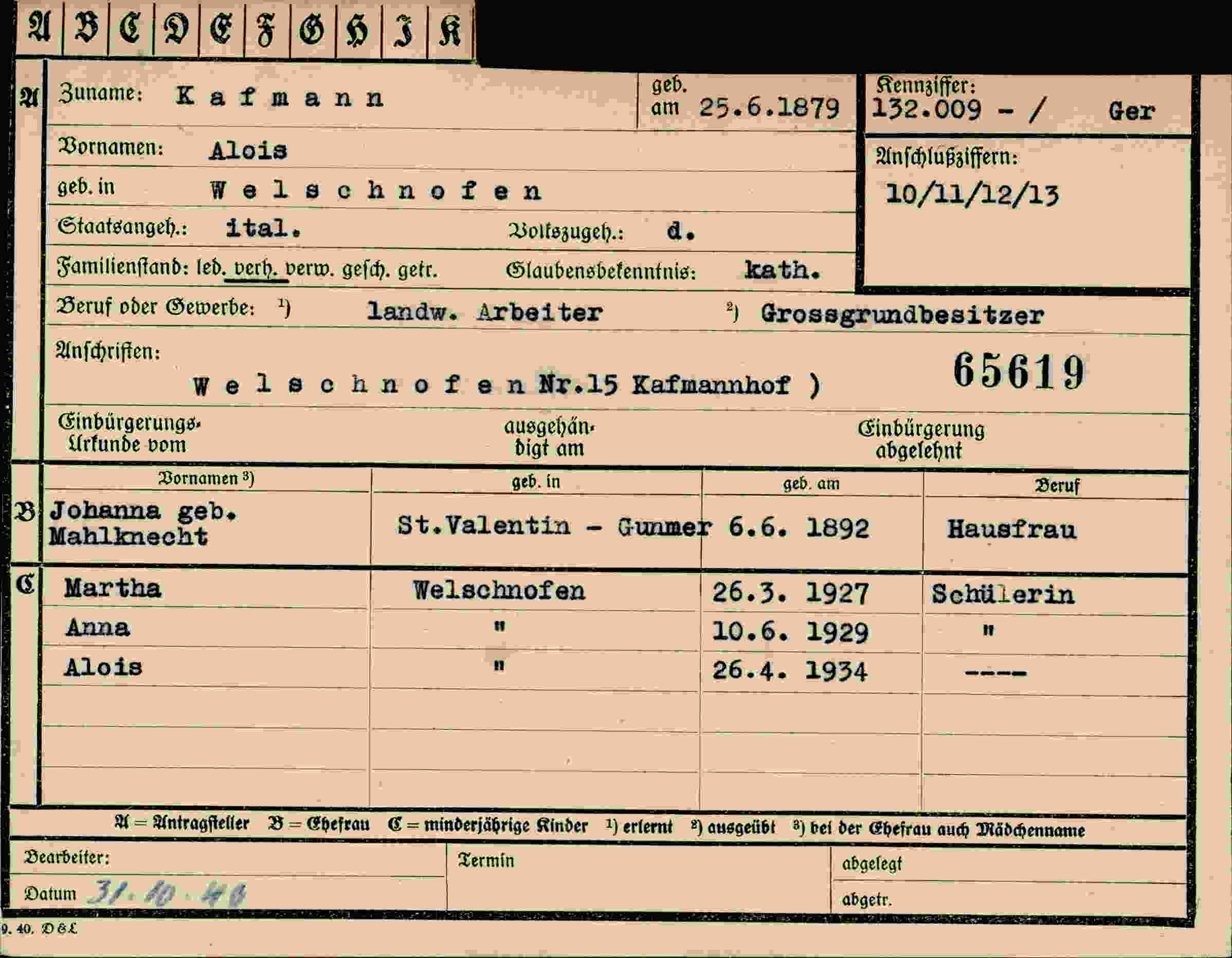 Dokument für Alois Kafmann