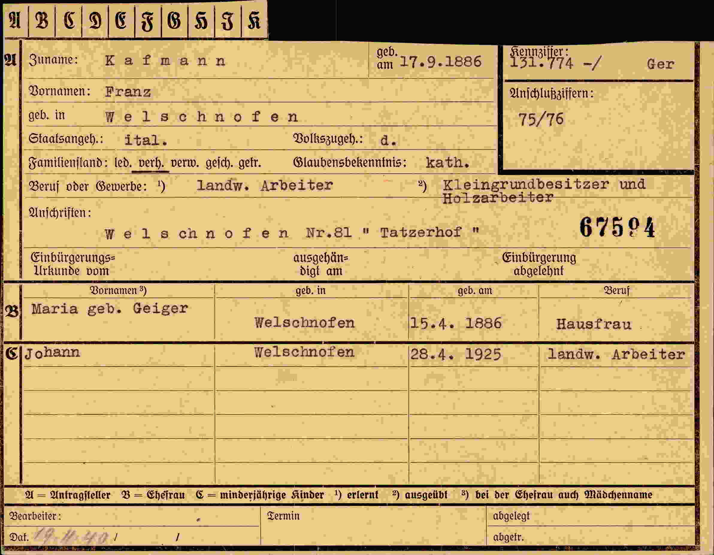 Dokument für Franz Kasfmann