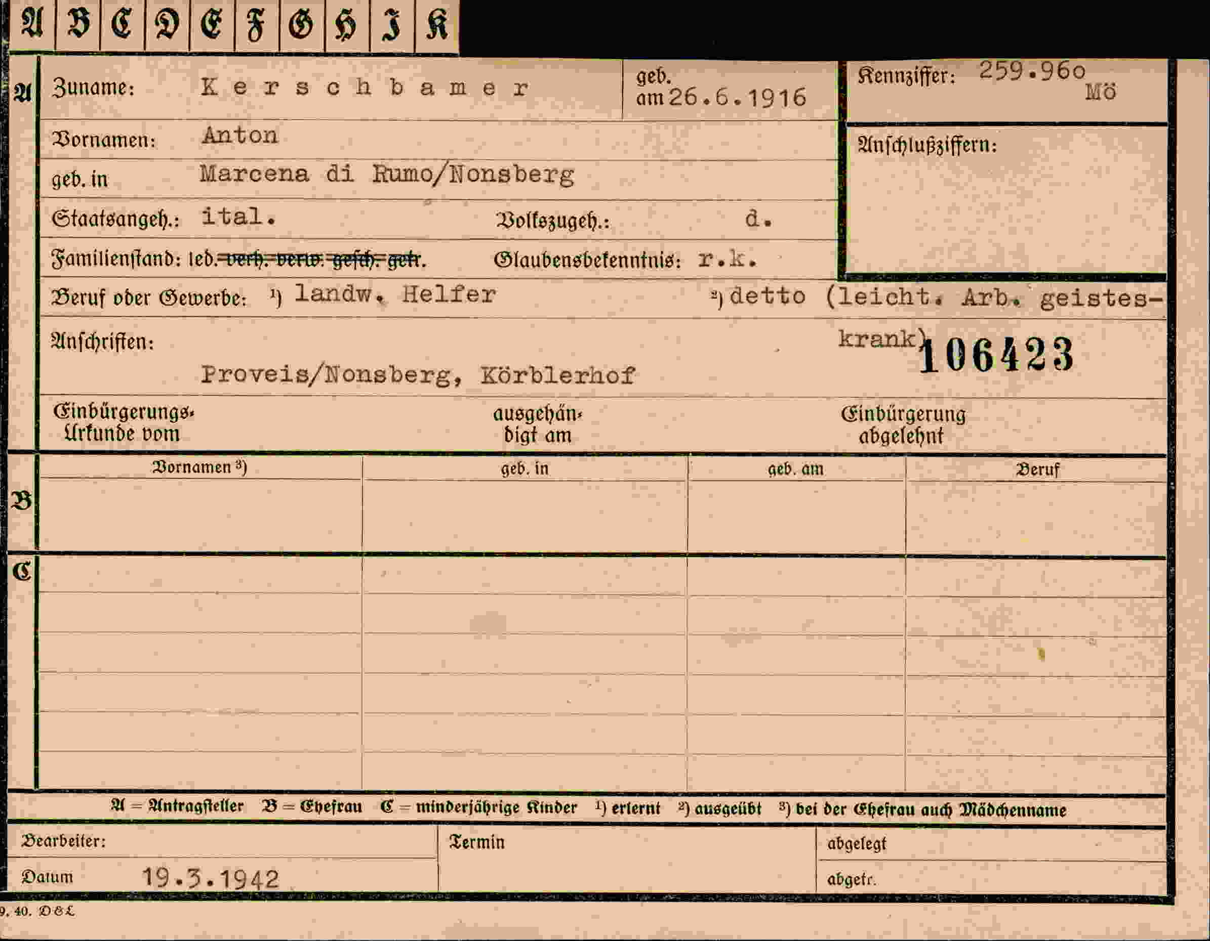 Dokument für Anton Kerschbamer