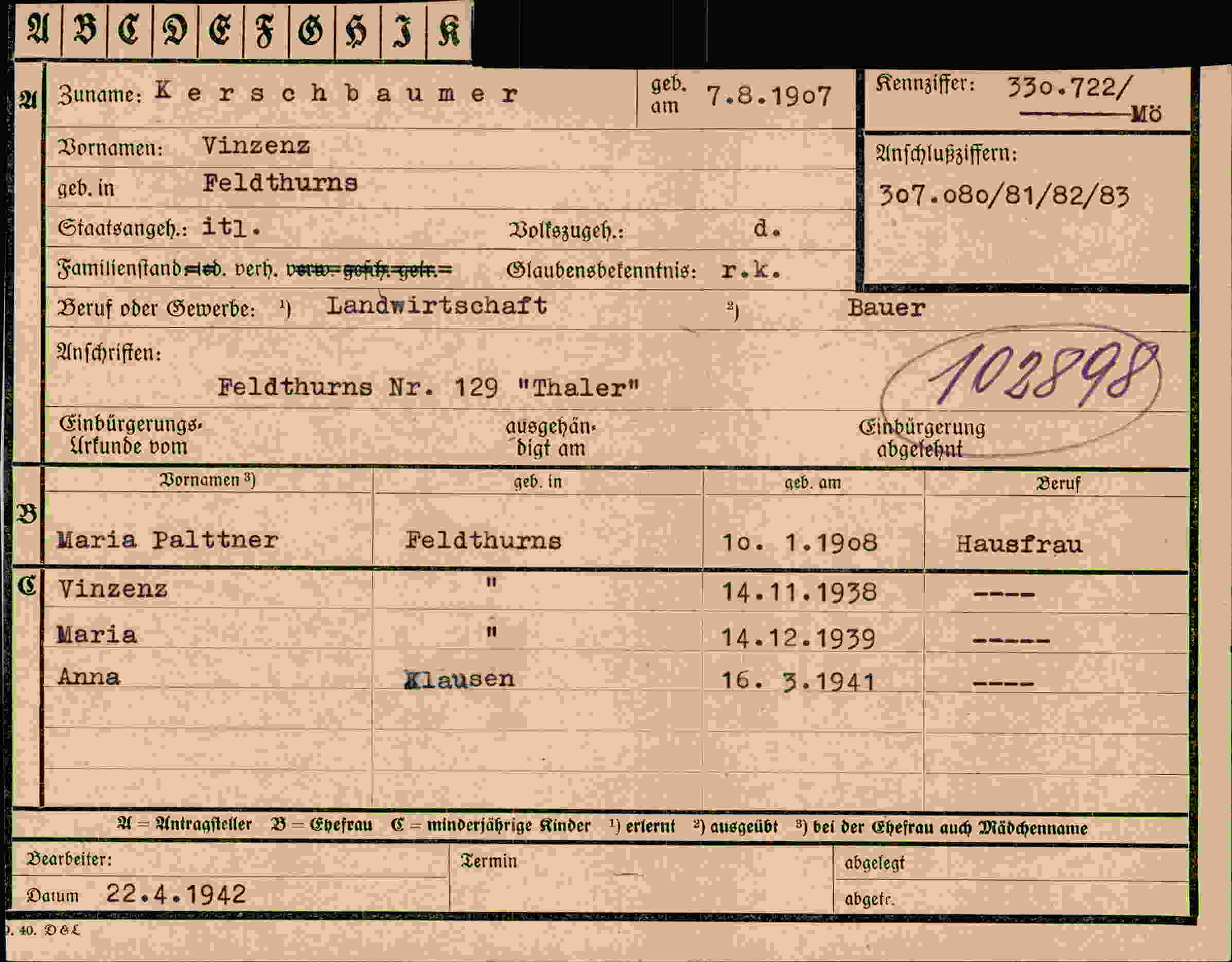 Dokument für Vinzenz Kerschbaumer
