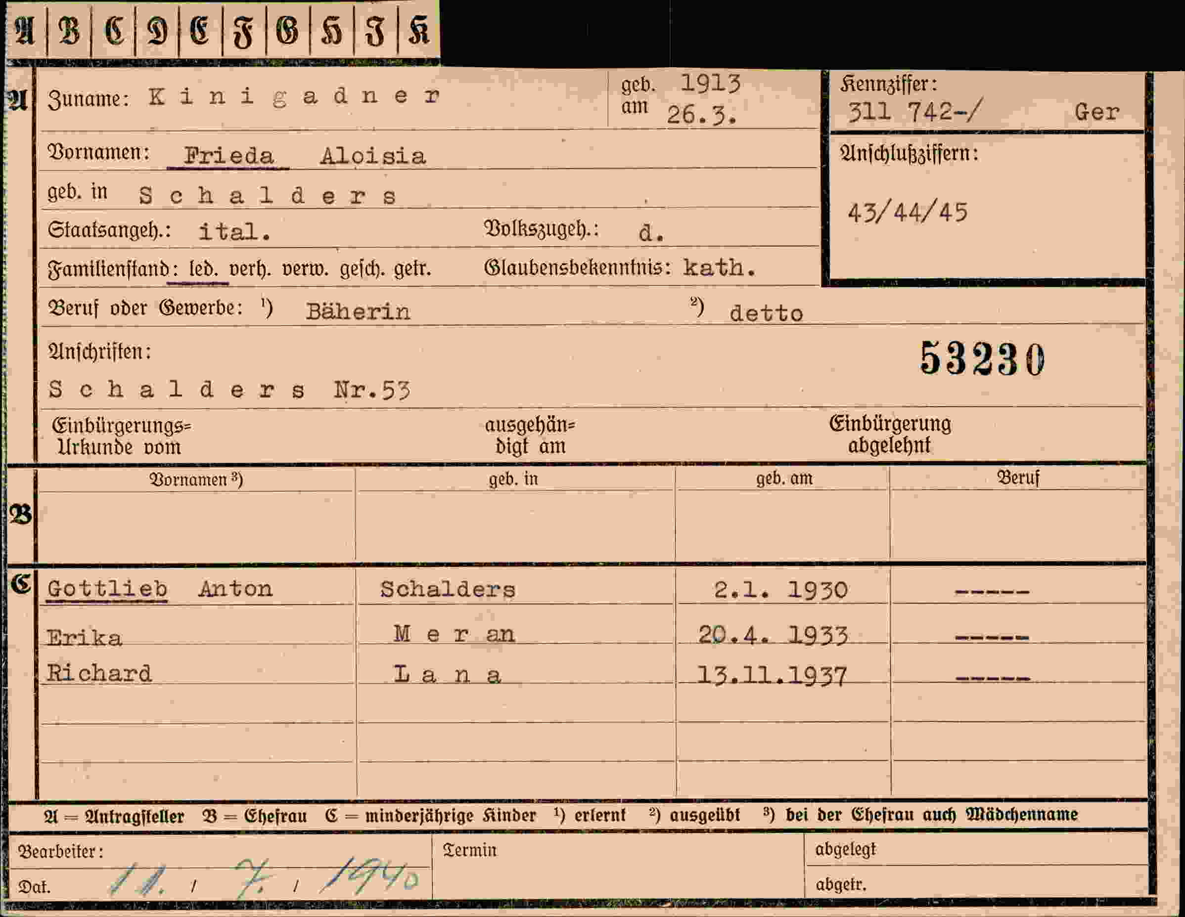 Dokument für Frieda Aloisia Kinigadner