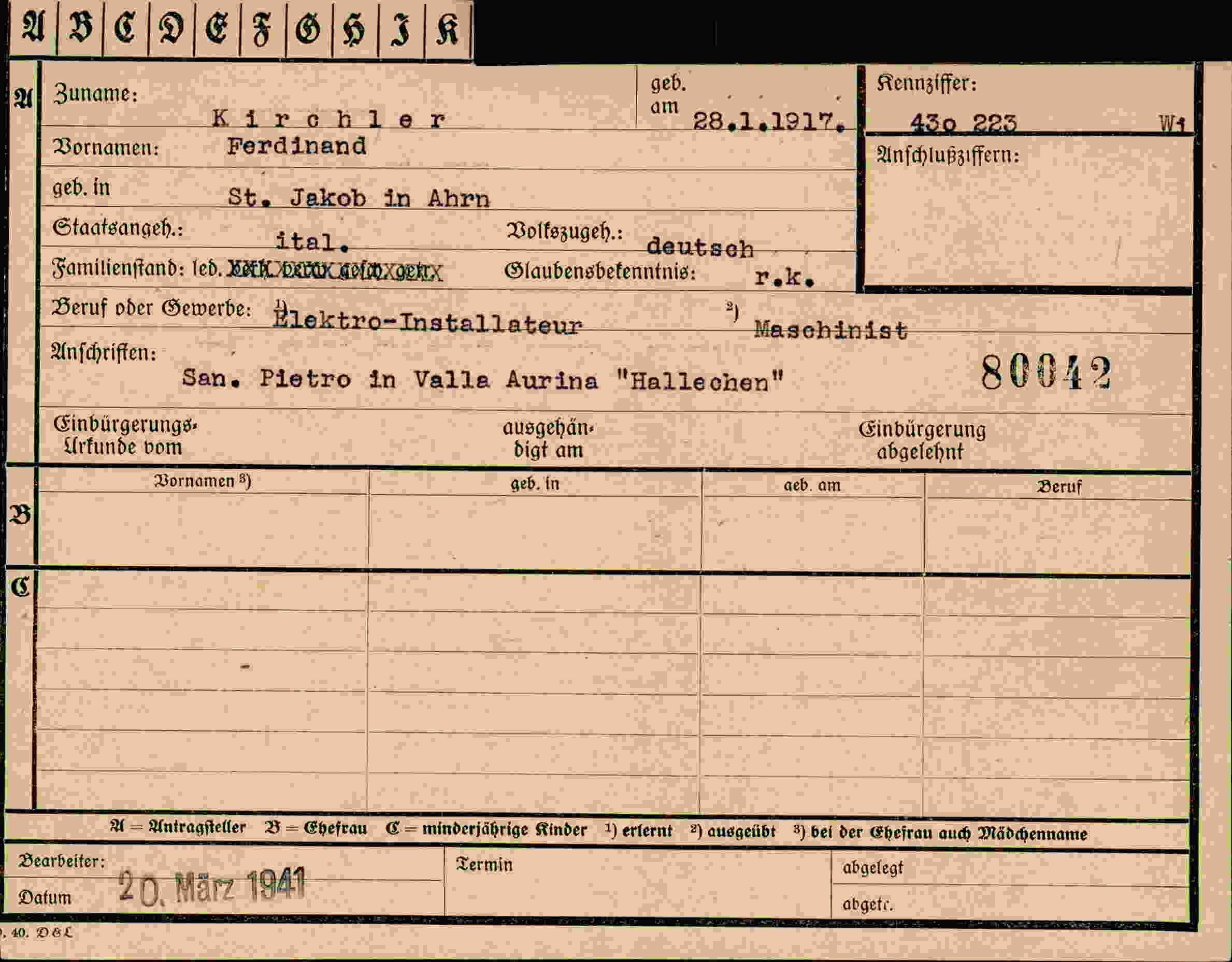 Dokument für Ferdinand Kirchler