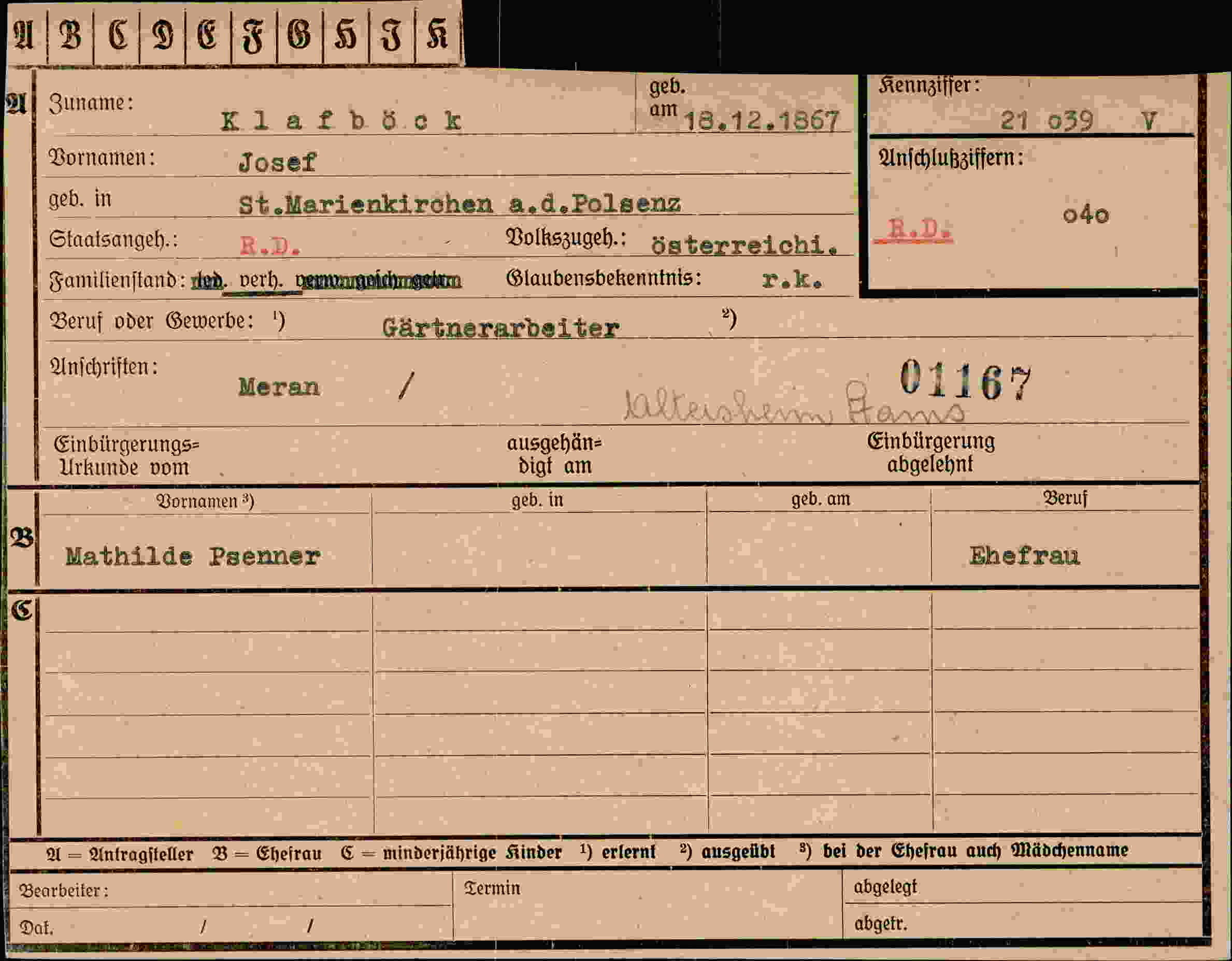 Dokument für Josef Klafböck