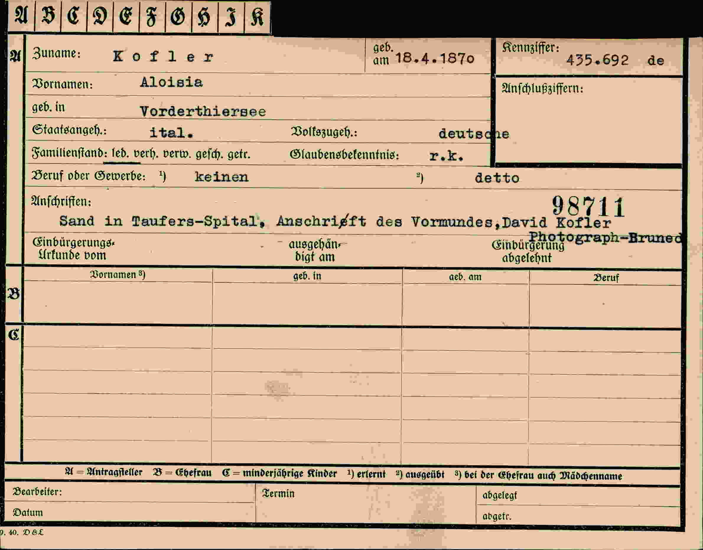 Dokument für Aloisia Kofler