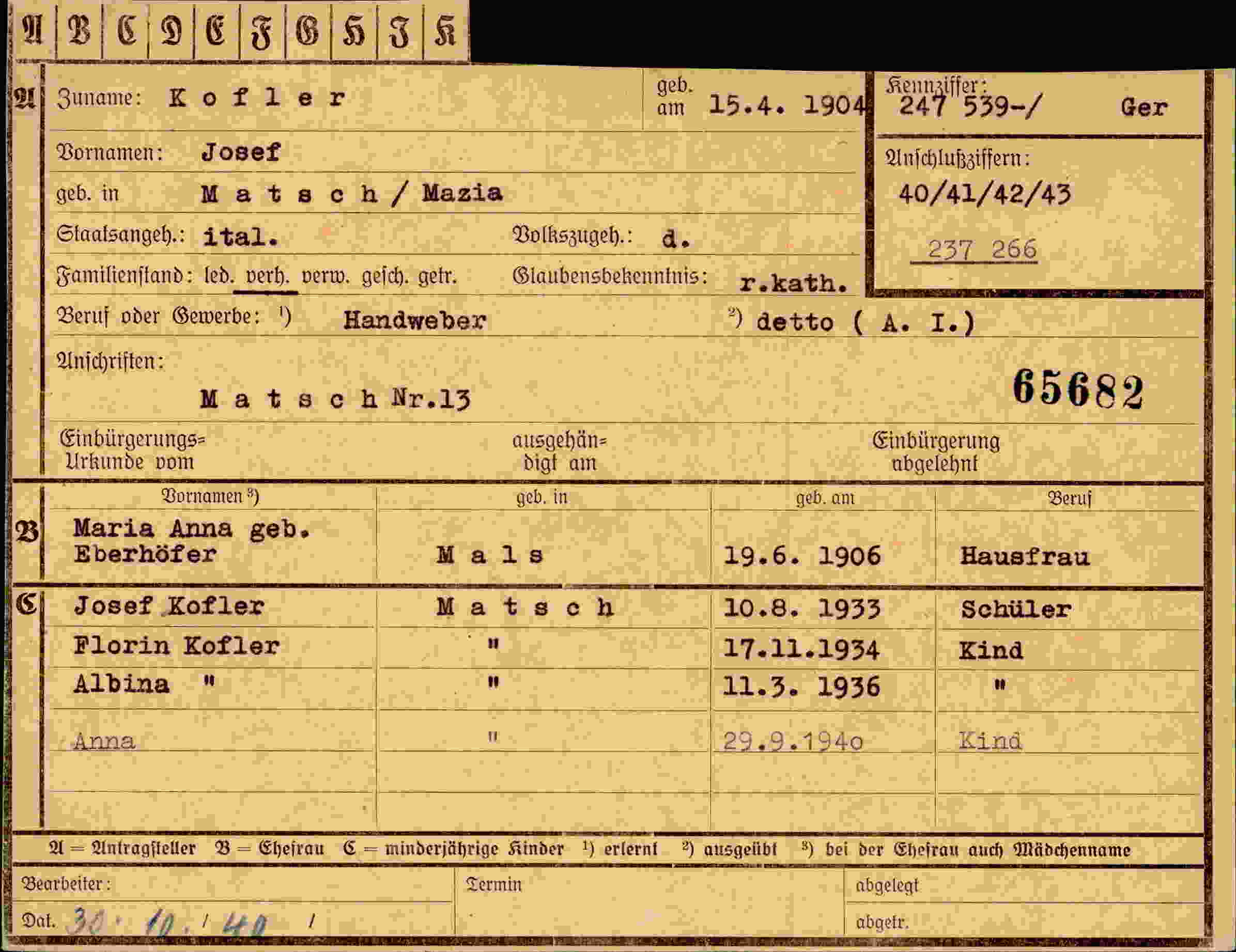 Dokument für Josef Kofler