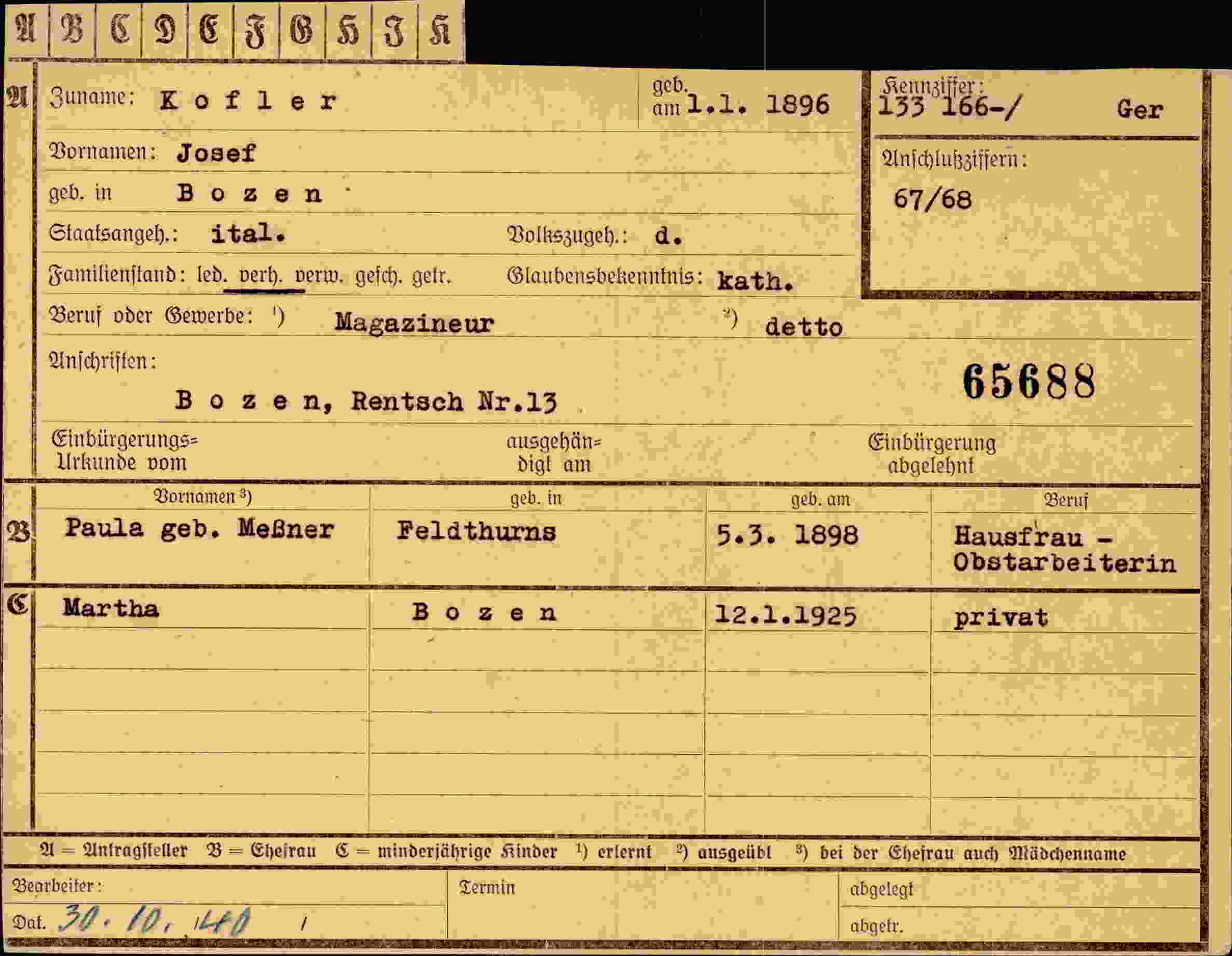 Dokument für Josef Kofler
