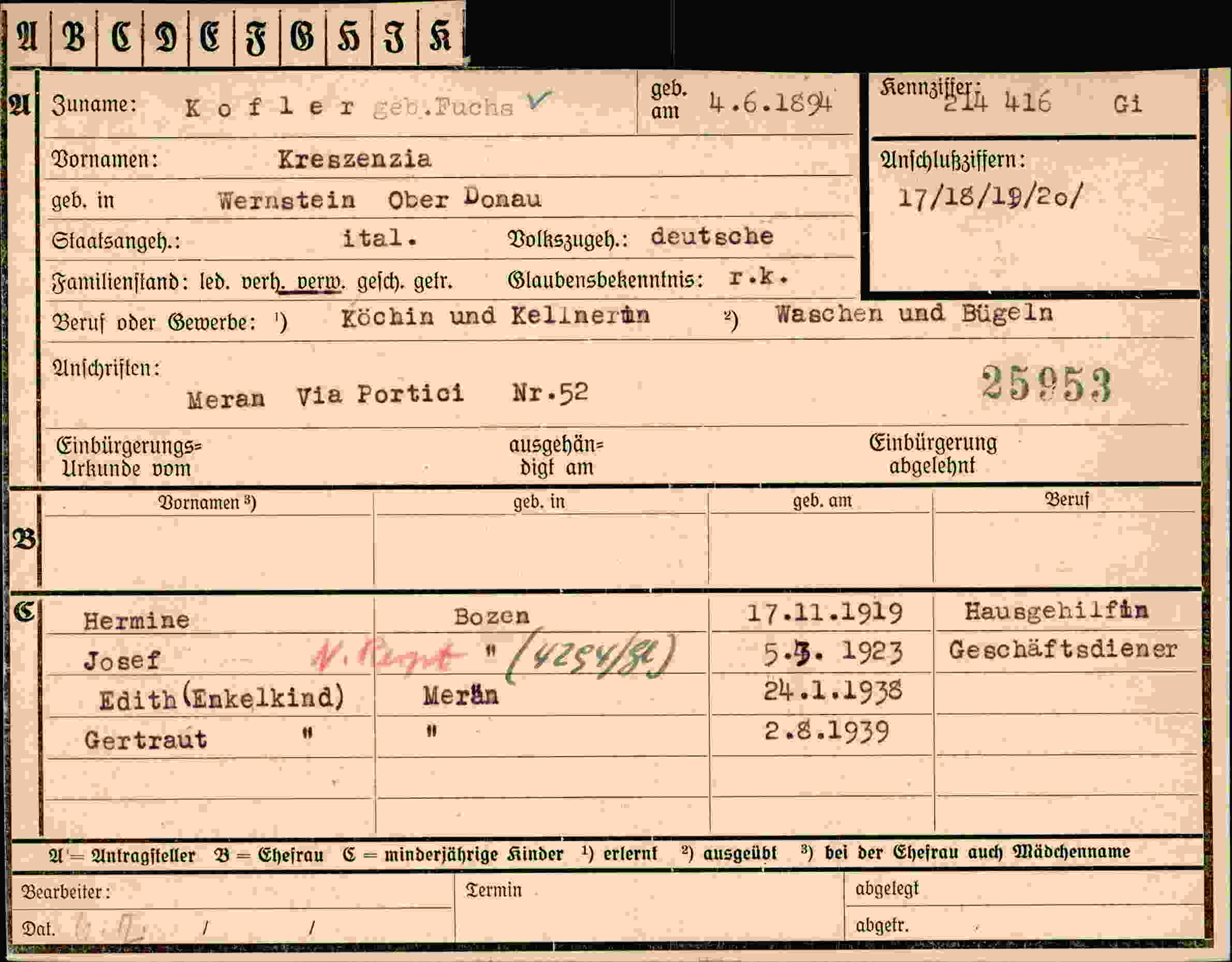 Dokument für Kreszenzia Kofler