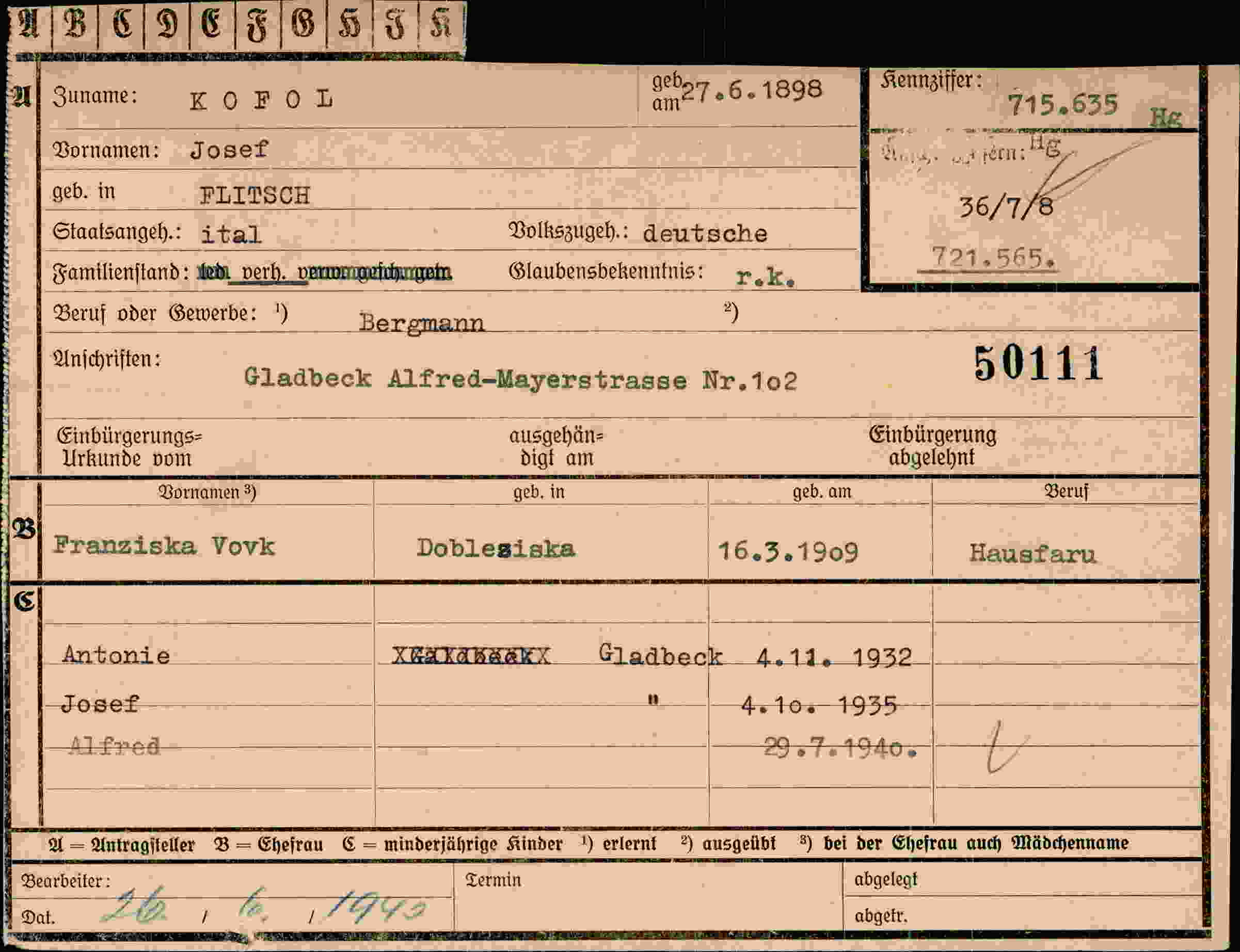 Dokument für Josef Kofol