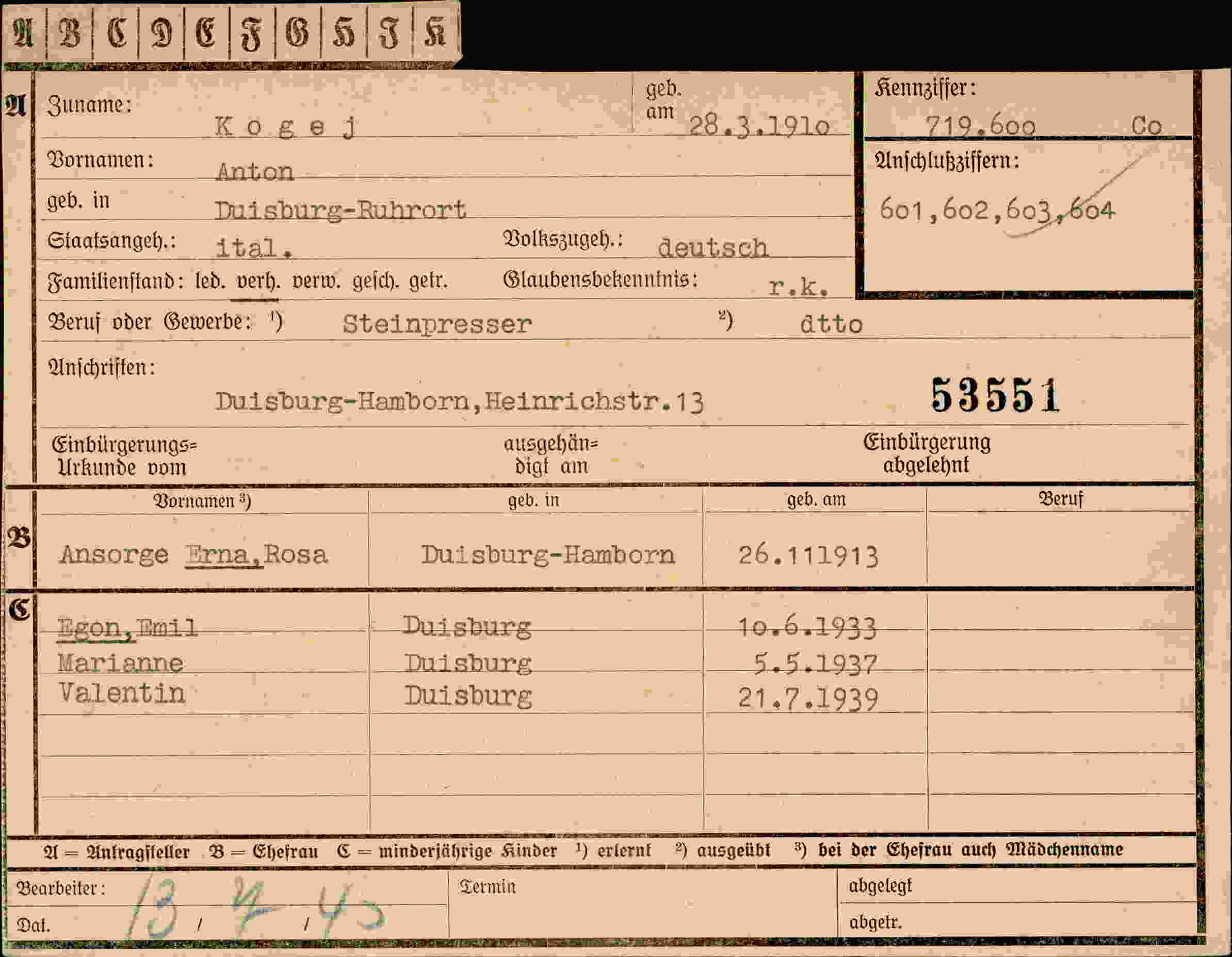 Dokument für Anton Kogej