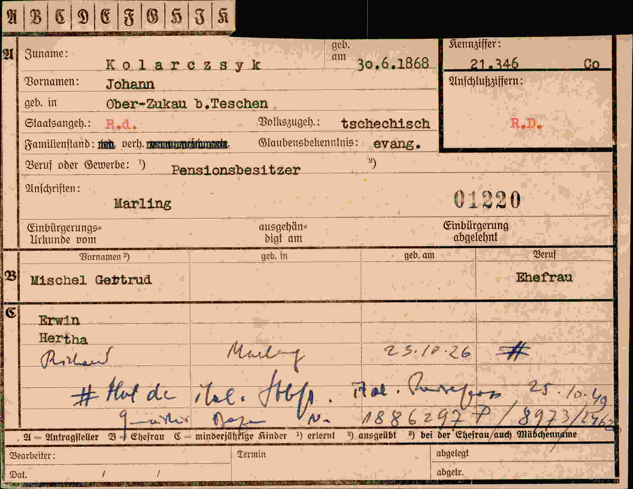 Dokument für Johann Kolarczsyk