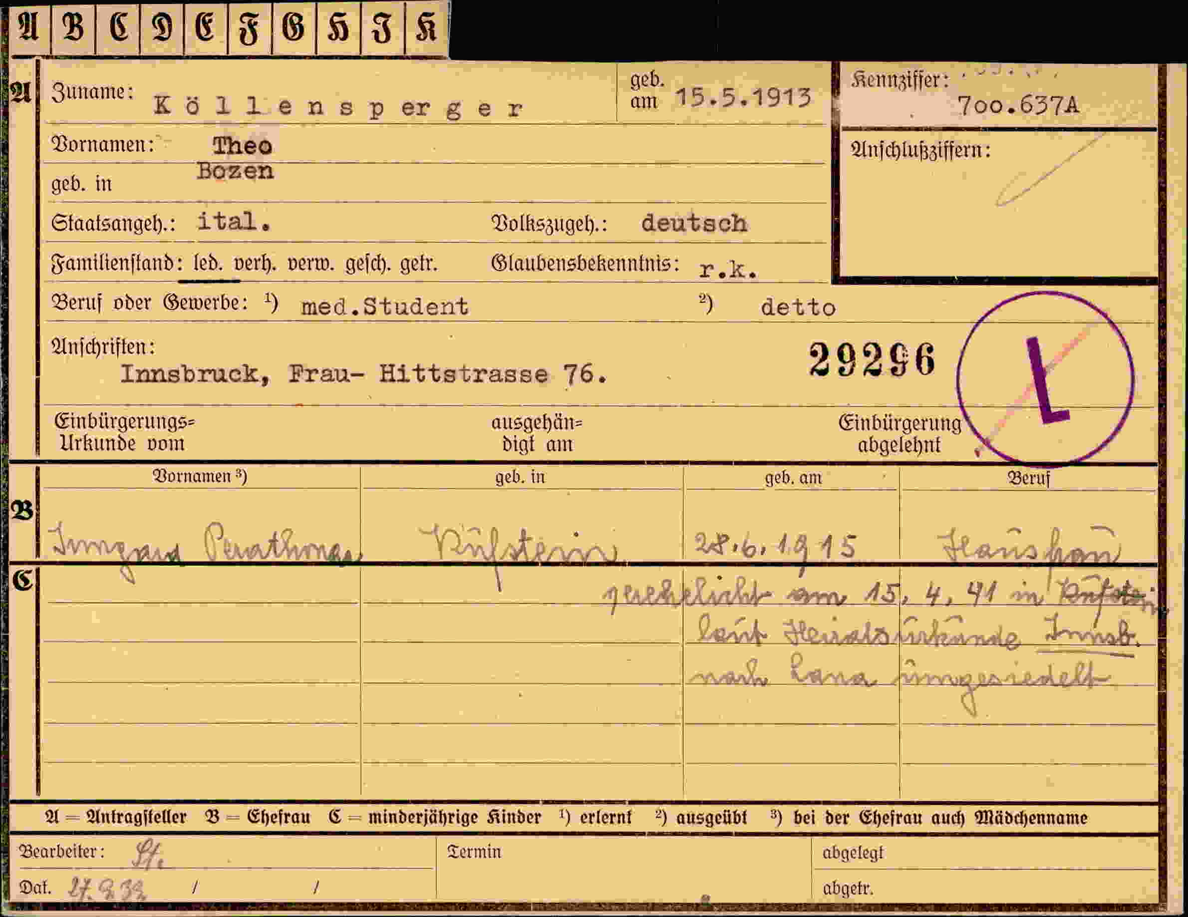 Dokument für Theo Köllensperger