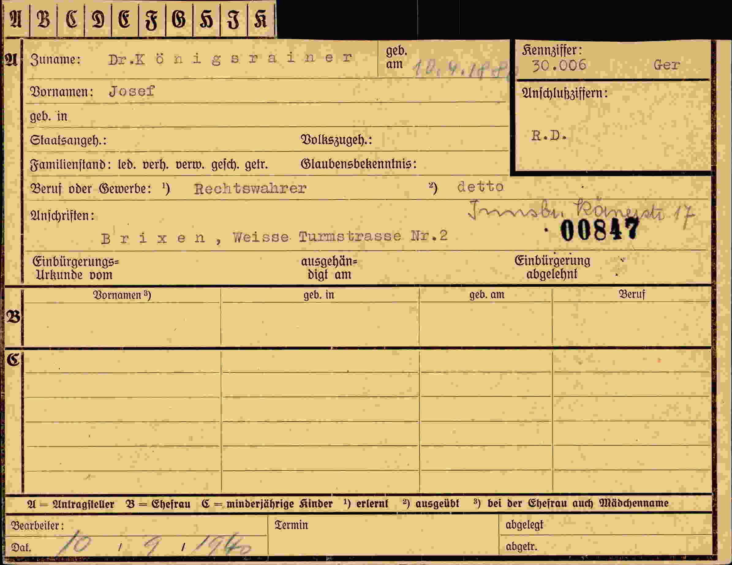 Dokument für Josef Königsrainer