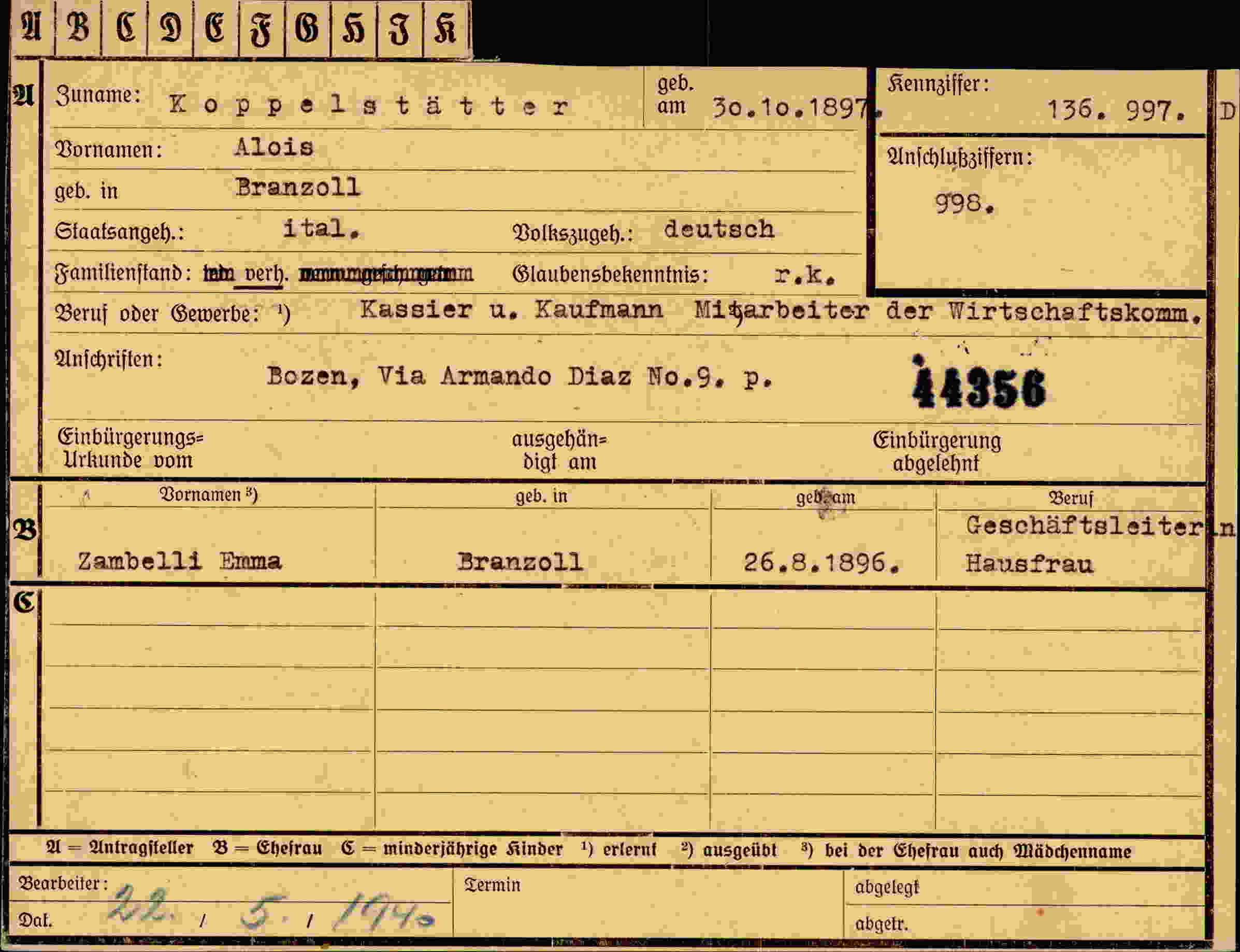 Dokument für Alois Koppelstätter