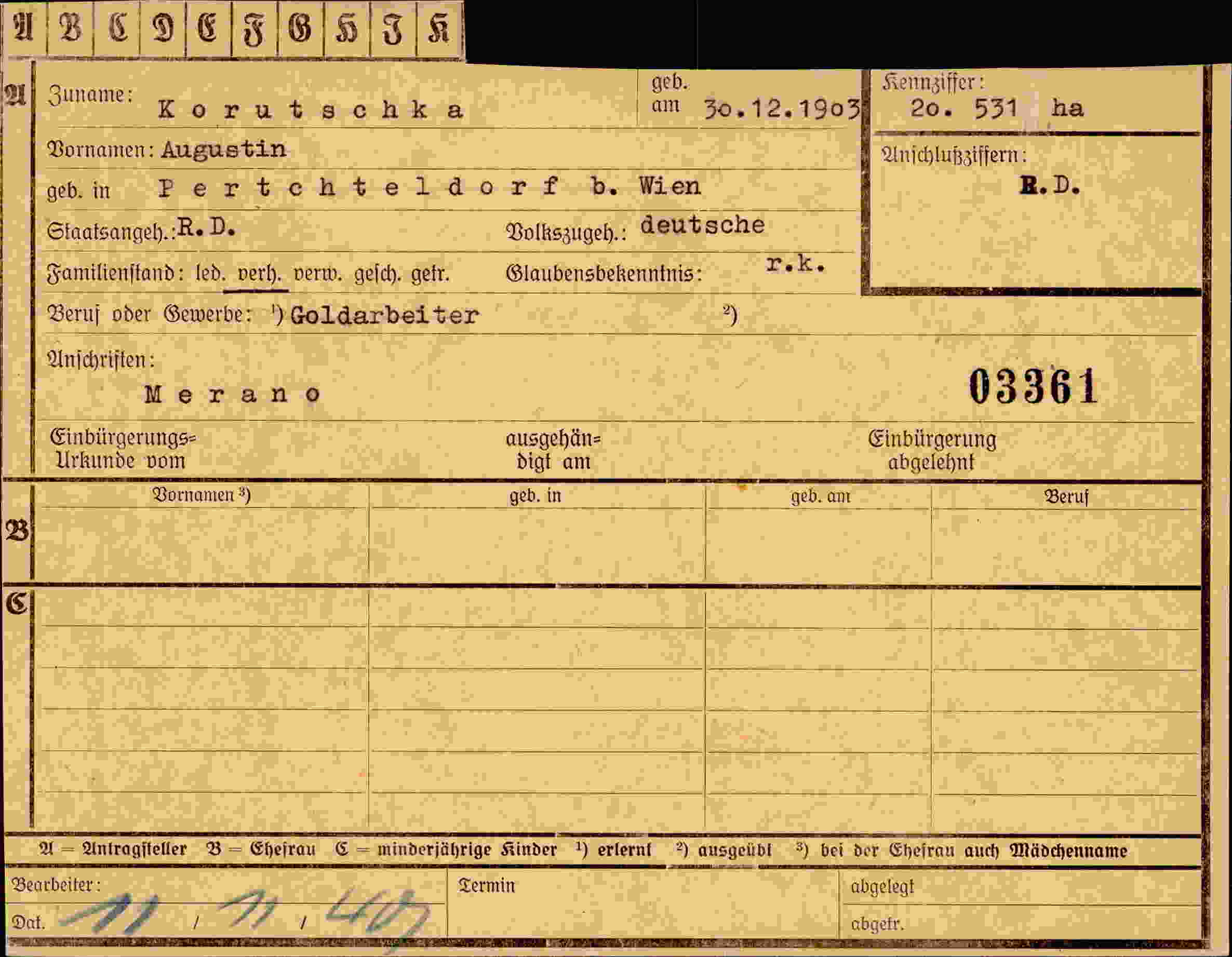 Dokument für Augustin Korutschka