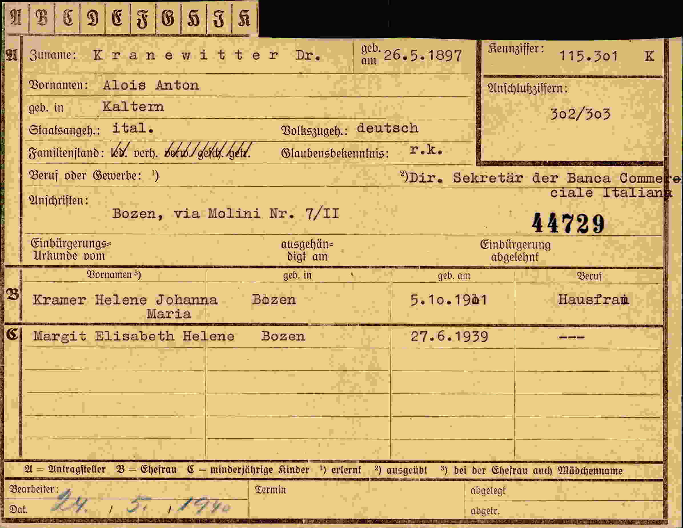 Dokument für Alois Anton Kranewitter Dr