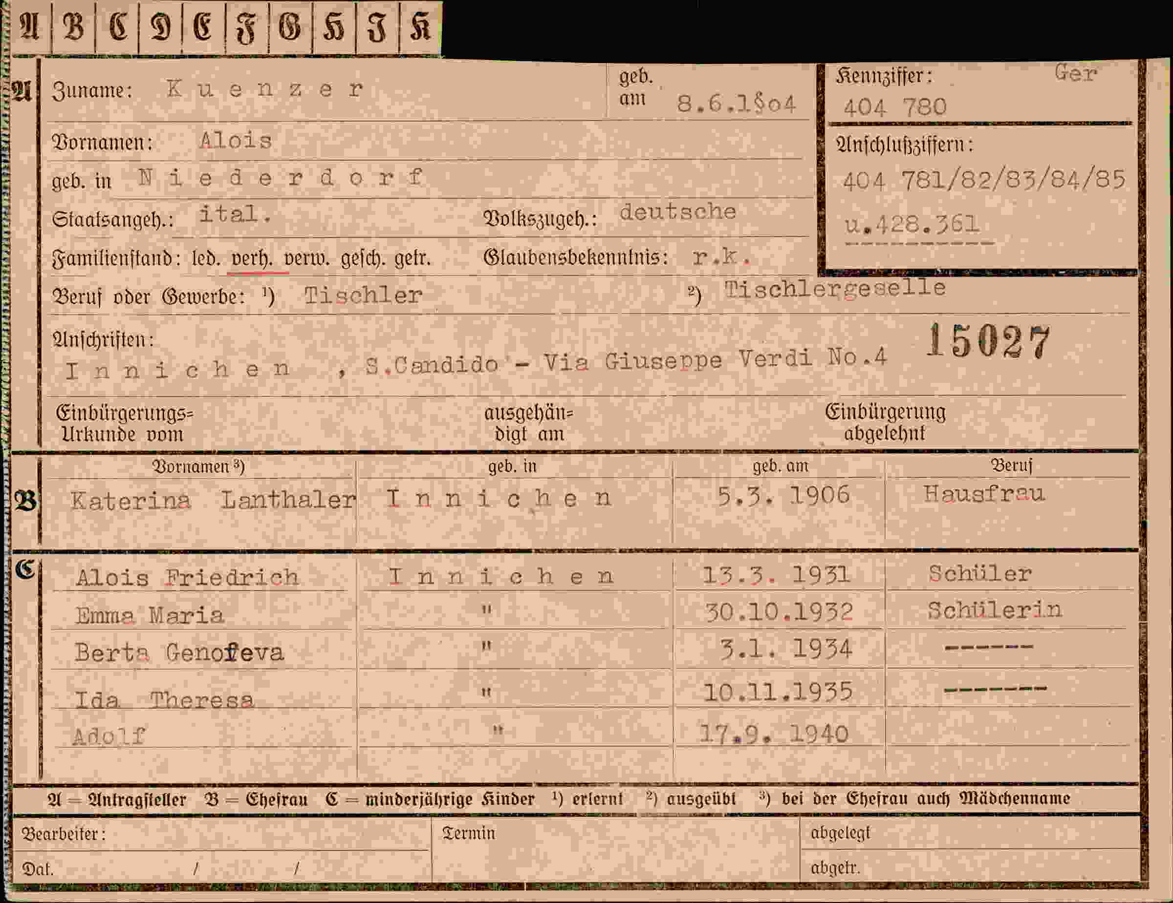 Dokument für Alois Kuenzer
