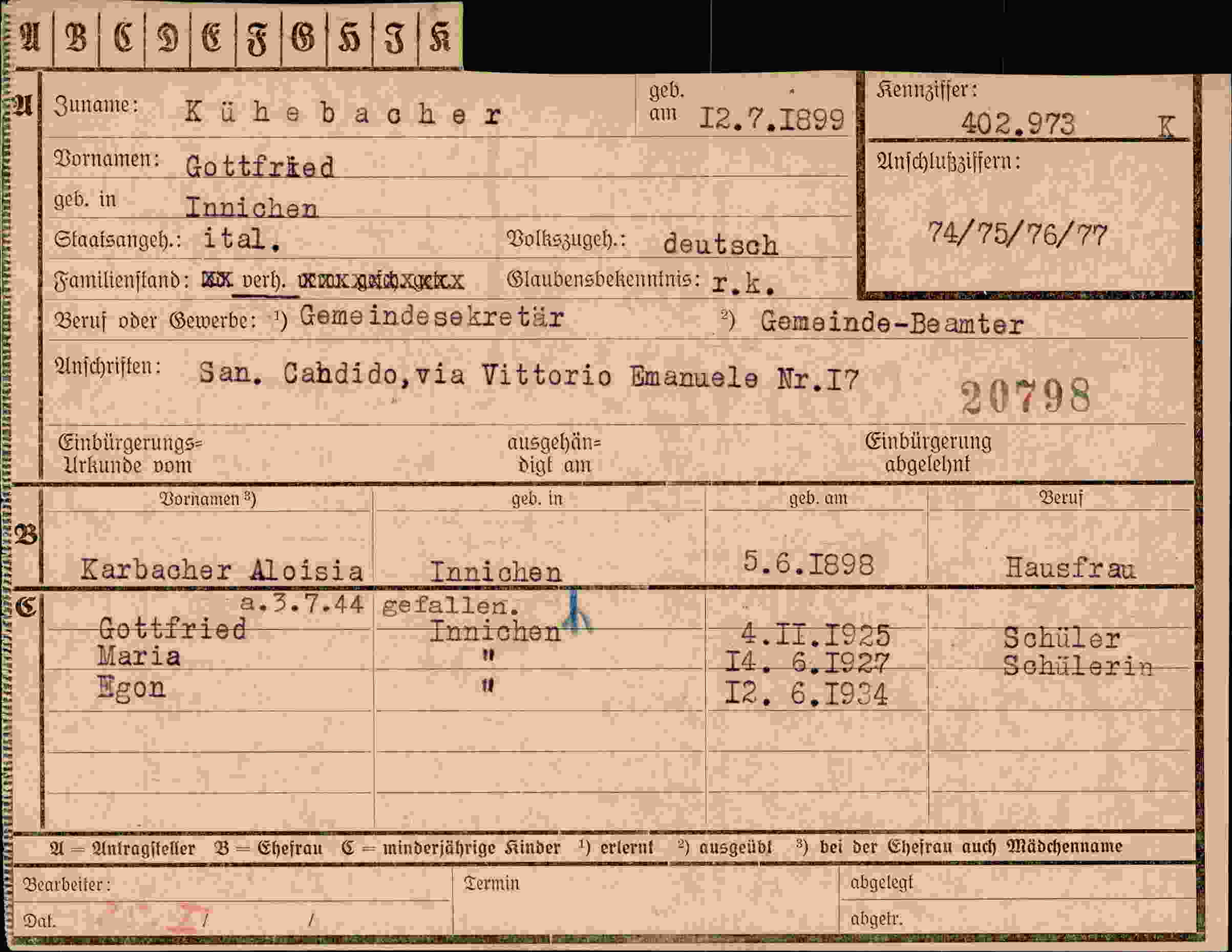 Dokument für Gottfrie Kühebacher