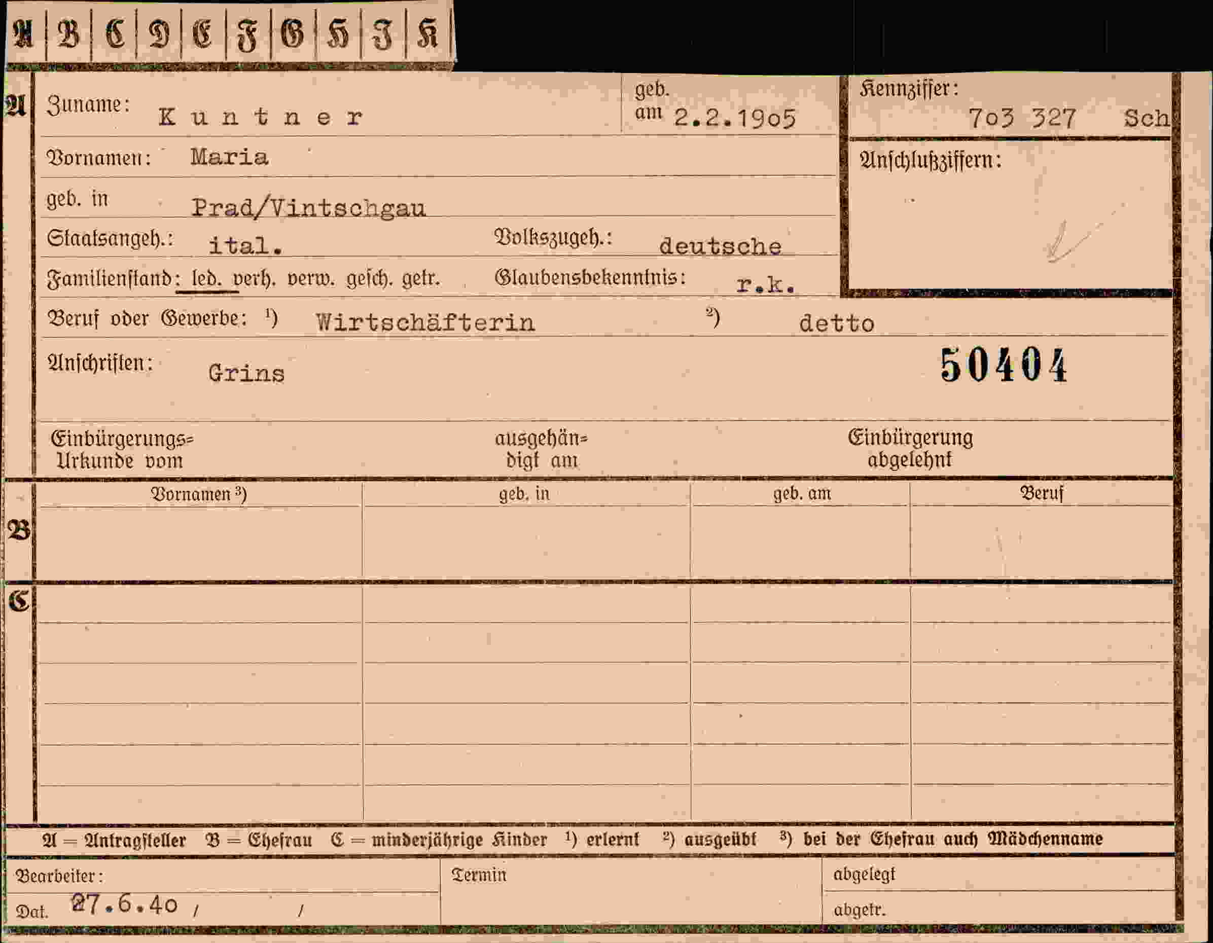 Dokument für Maria Kuntner