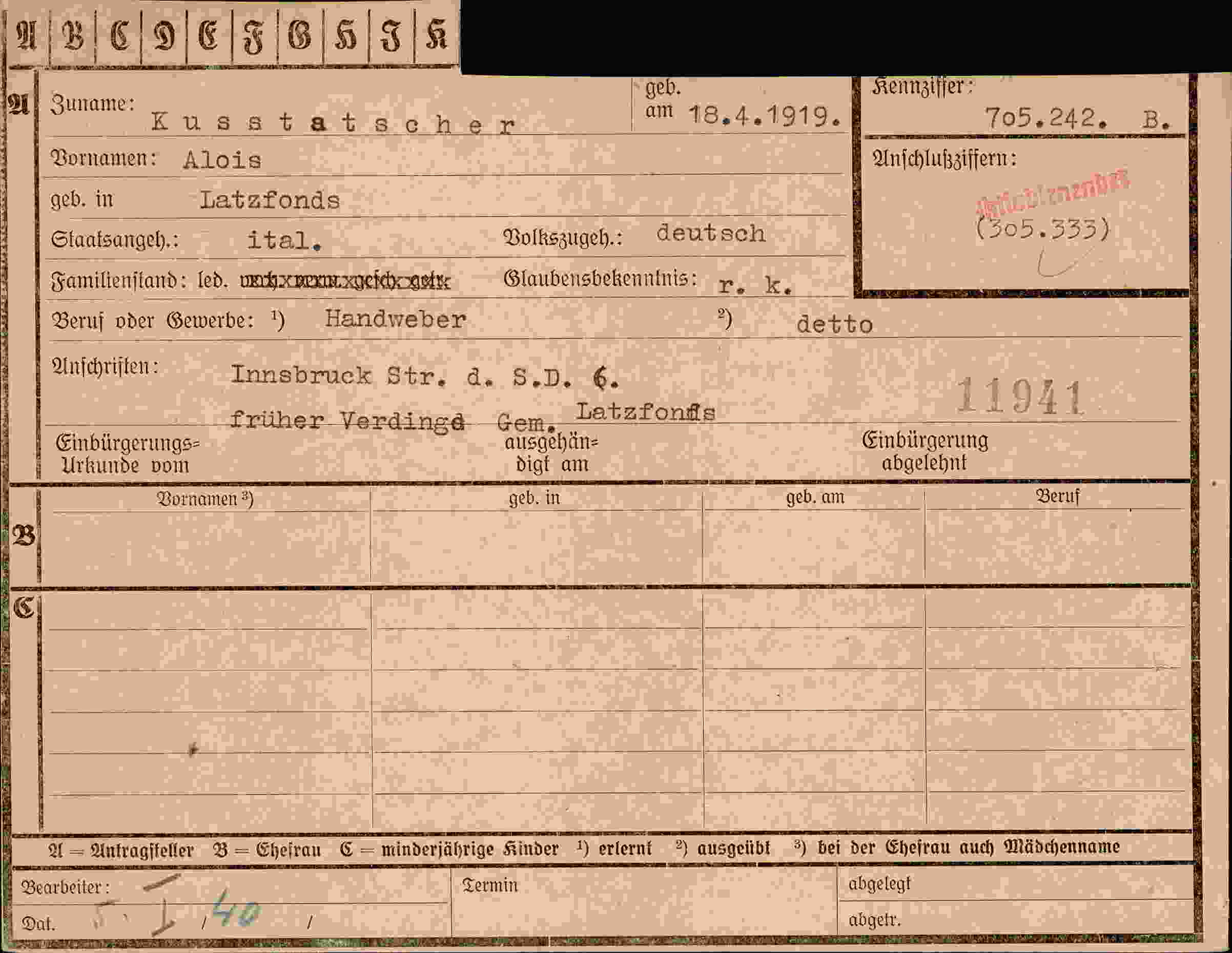 Dokument für Alois Kusstatscher