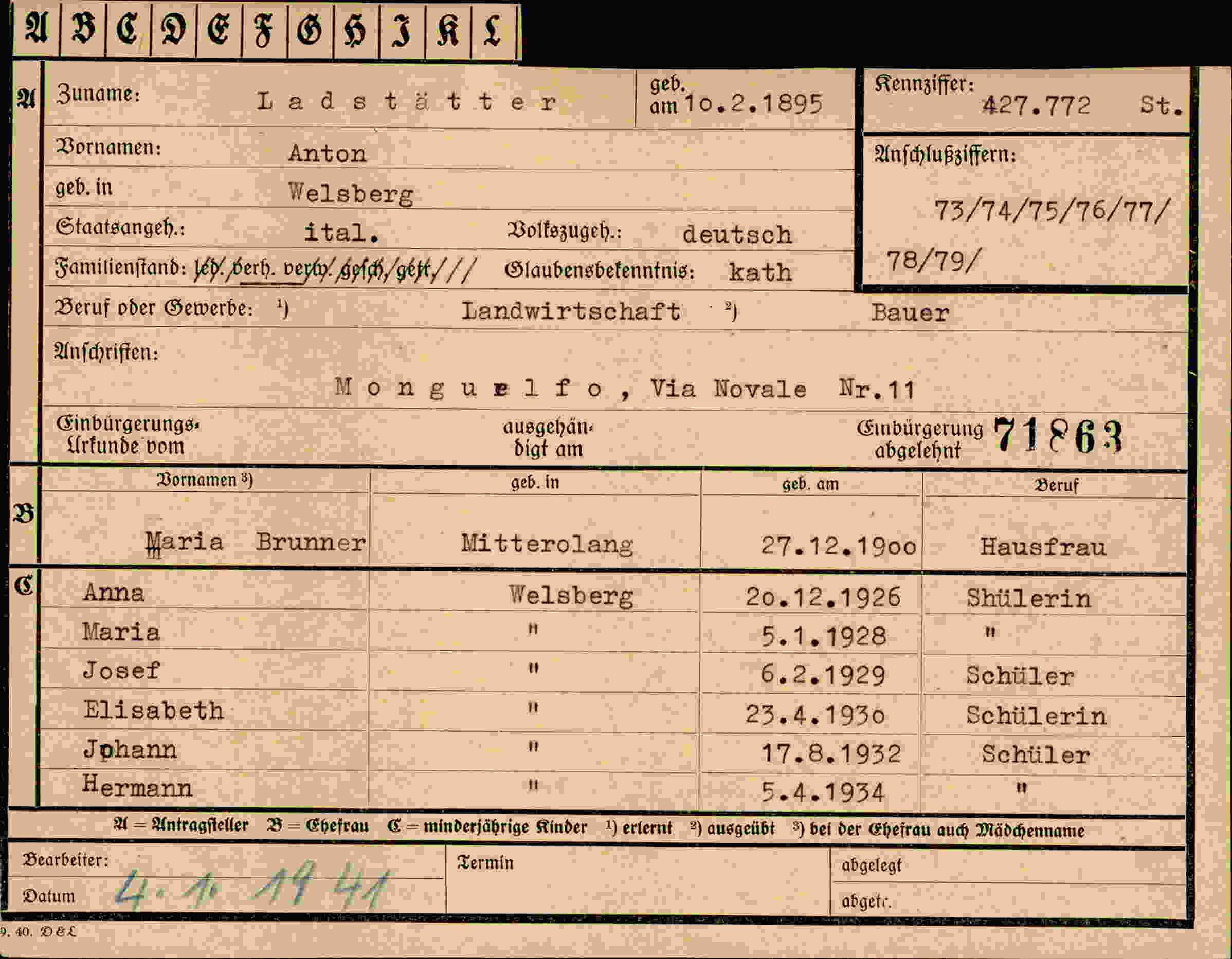 Dokument für Anton Ladstätter