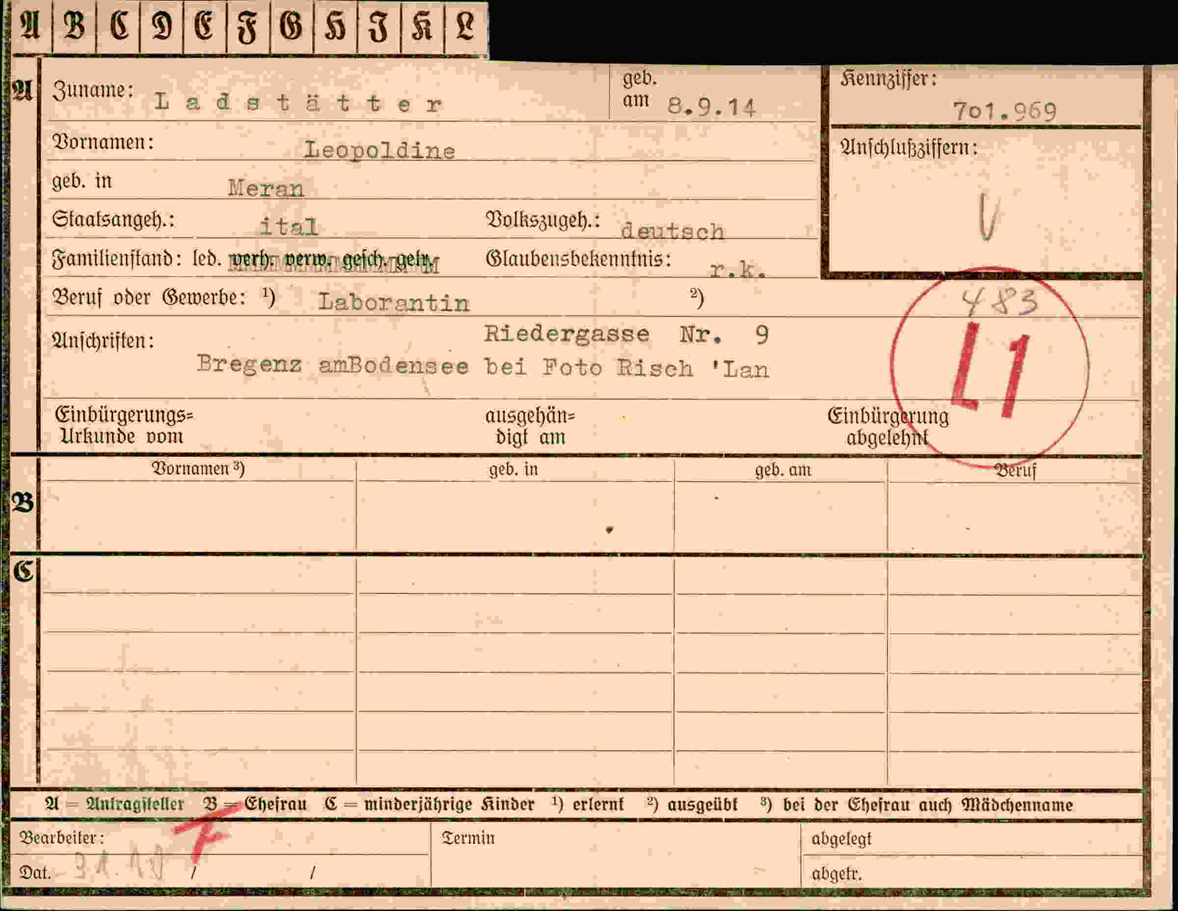 Dokument für Leopoldine Ladstätter