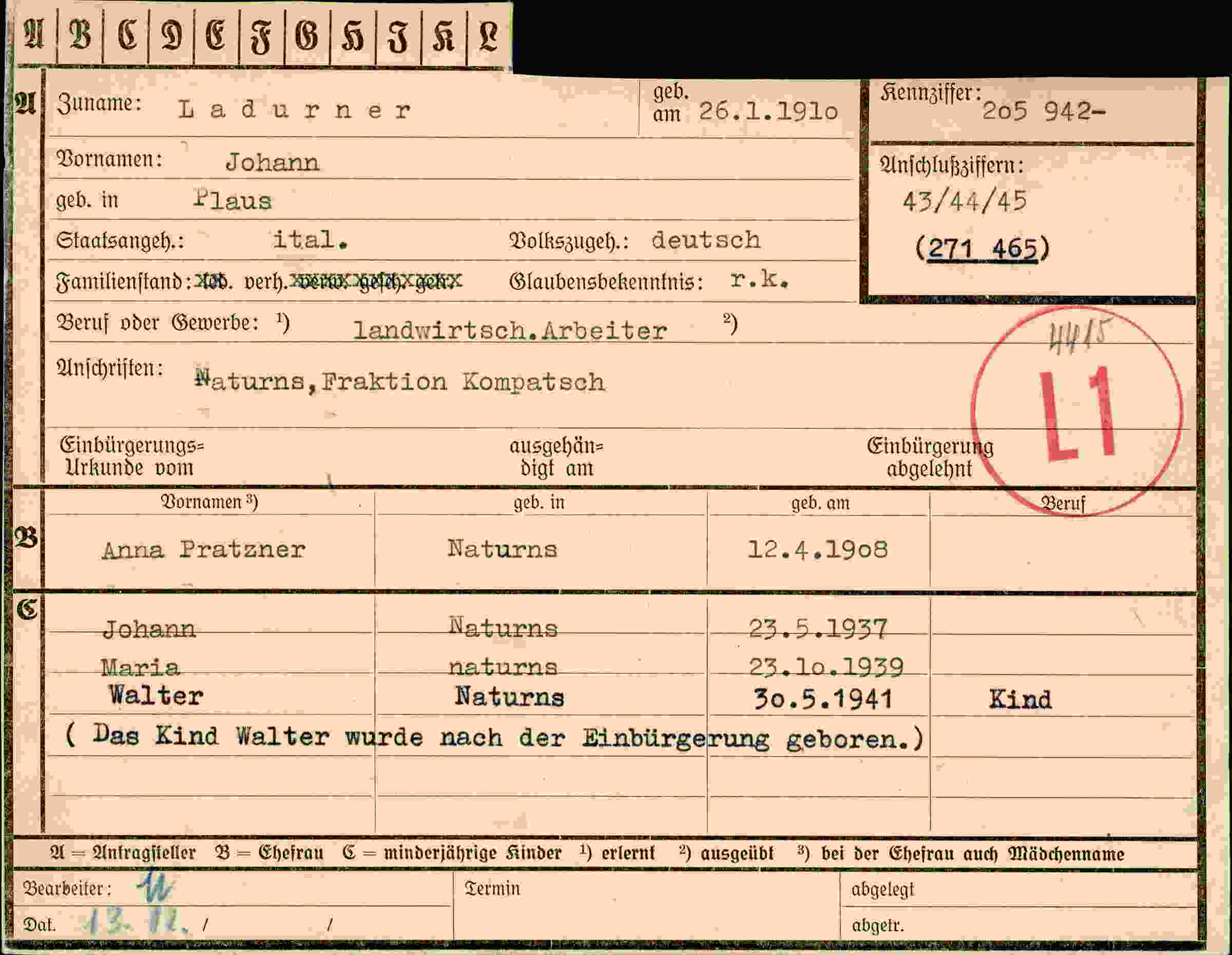 Dokument für Johann Ladurner