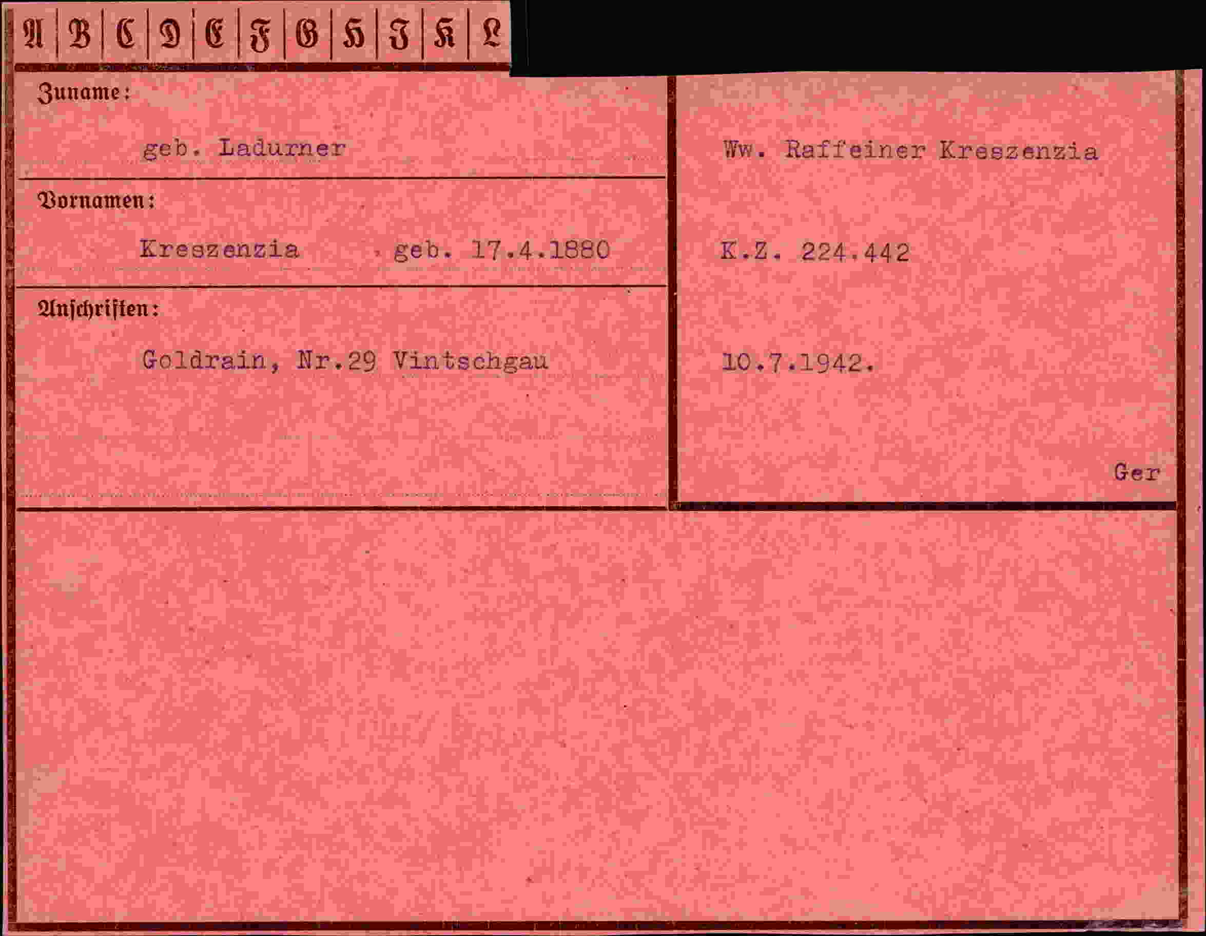 Dokument für Kreszenzia Ladurner