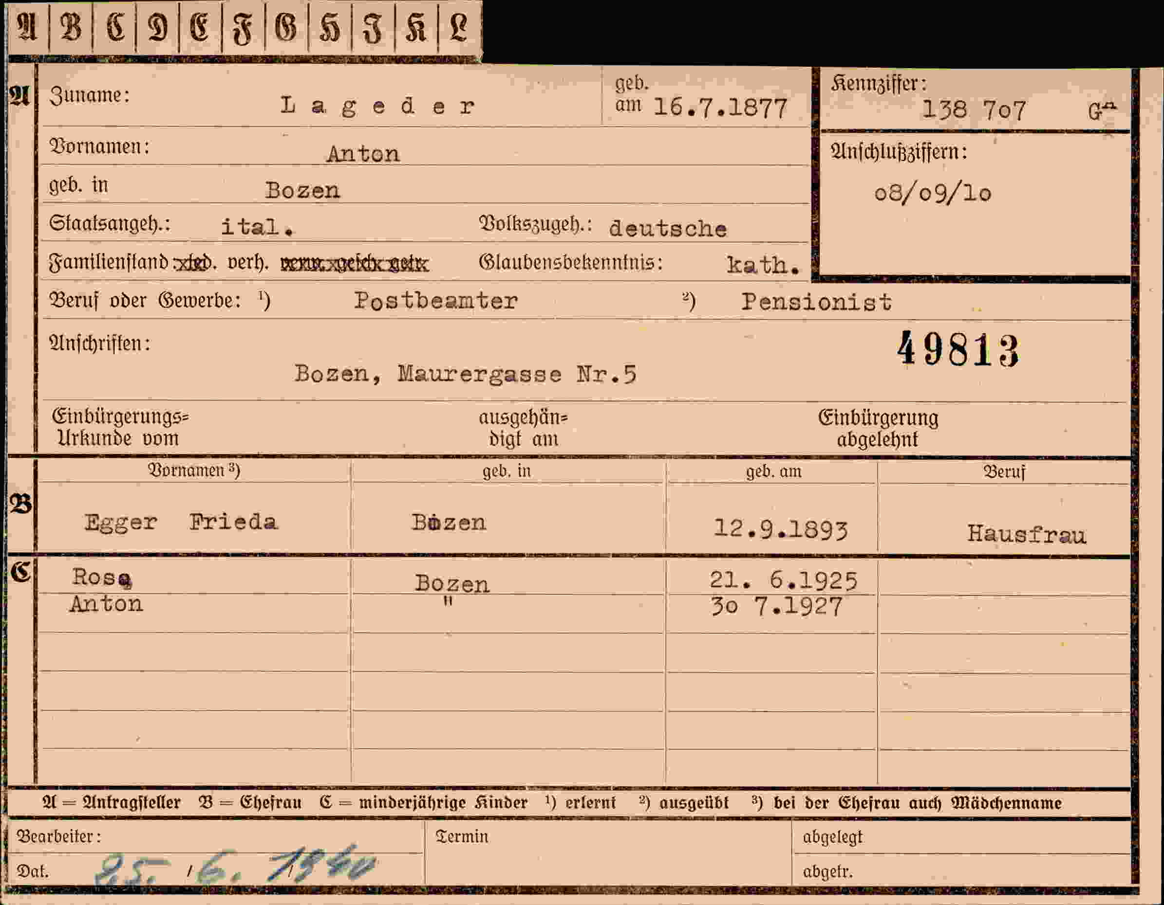 Dokument für Anton Lageder