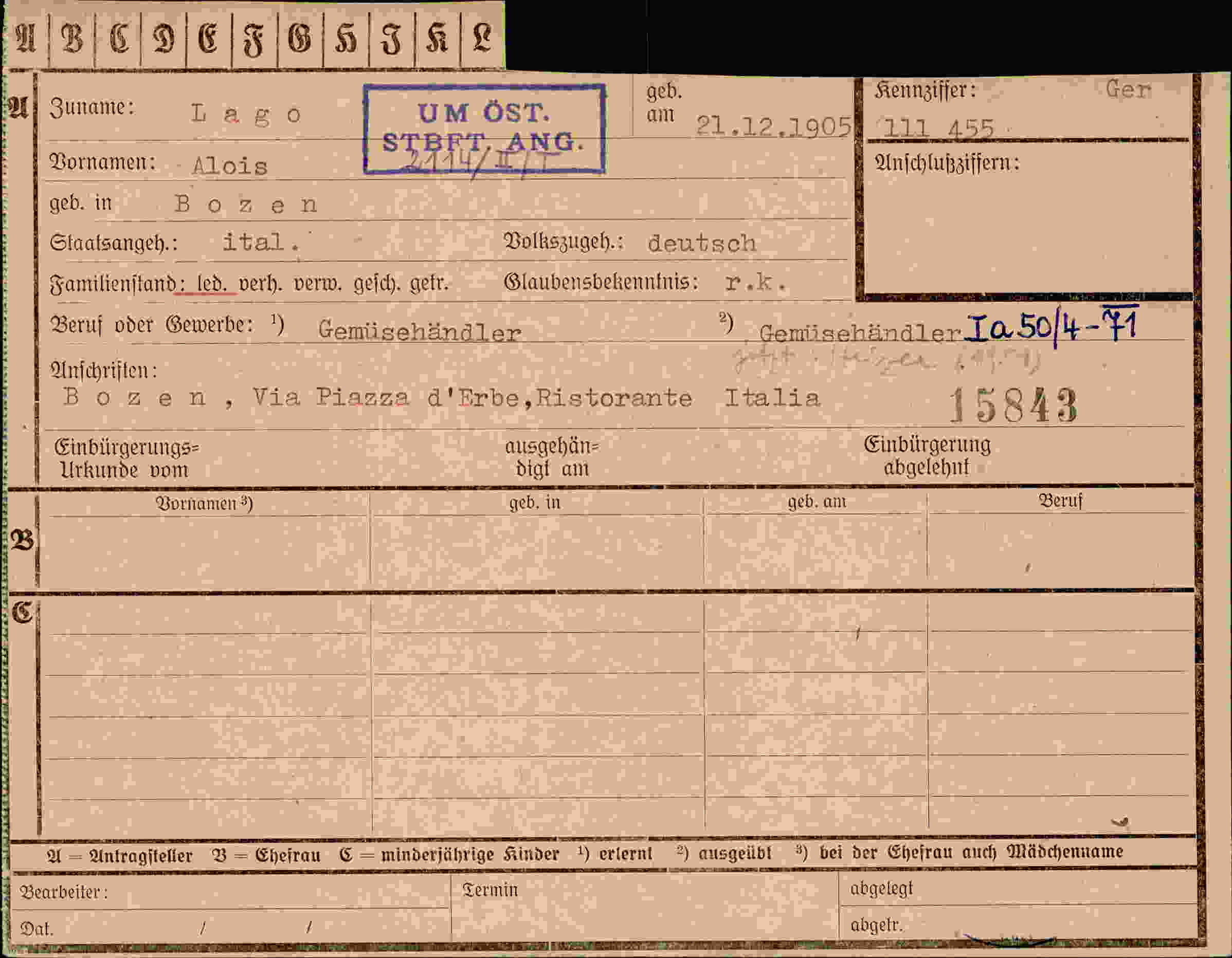 Dokument für Alois Lago