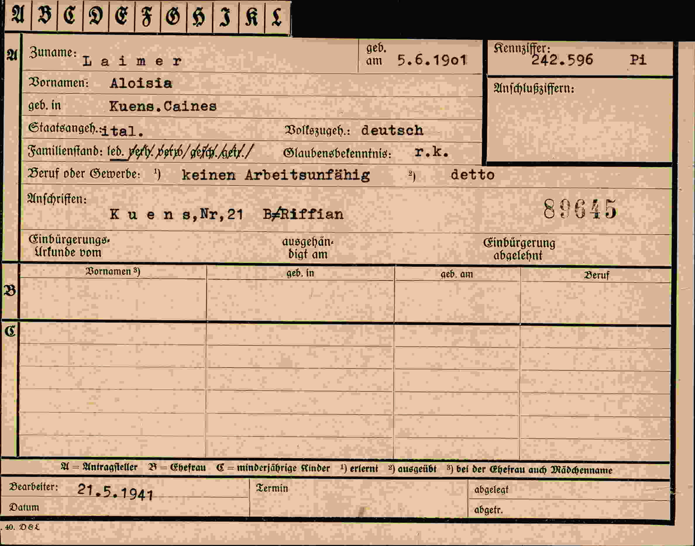 Dokument für Aloisia Laimer