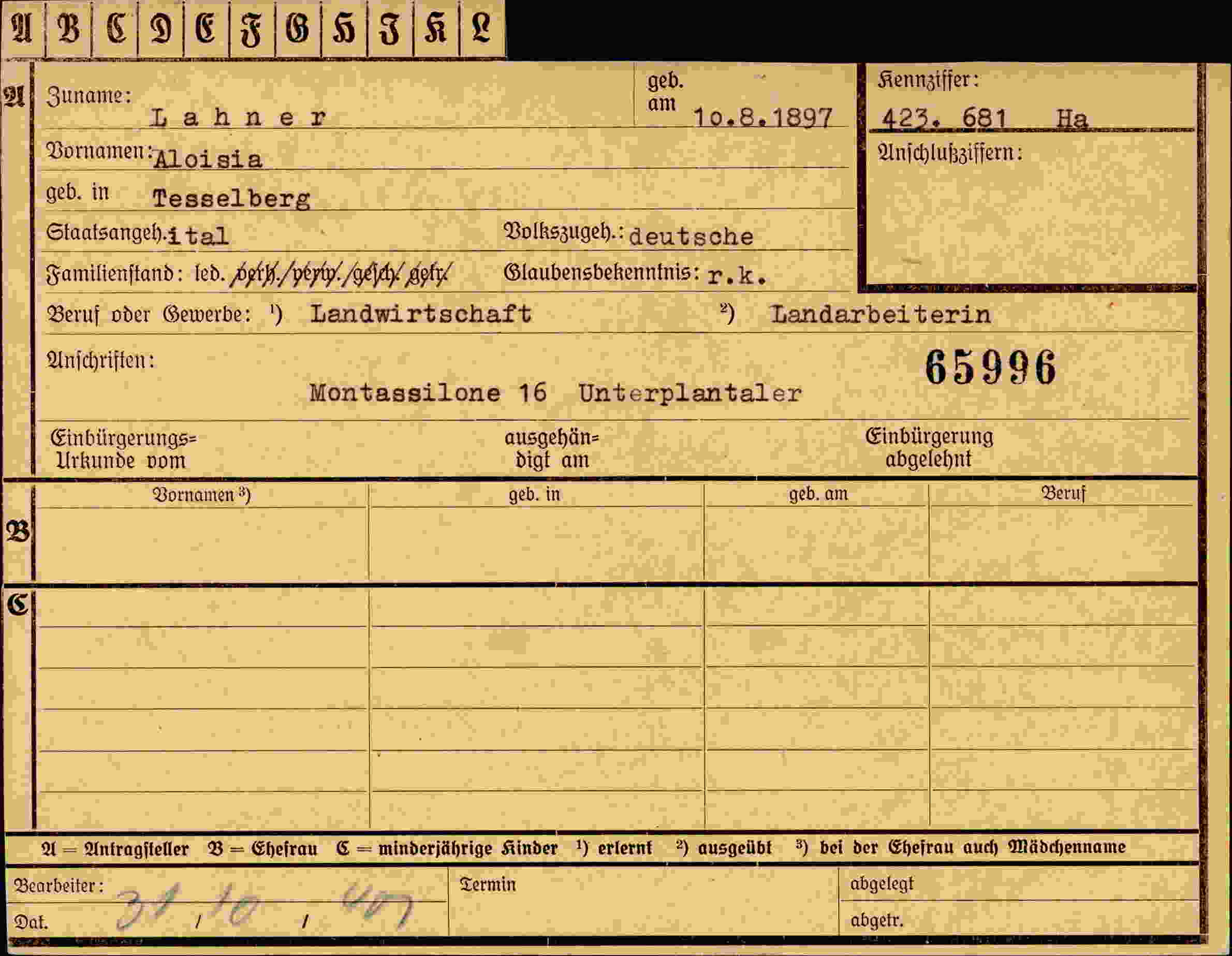 Dokument für Aloisia Lahner