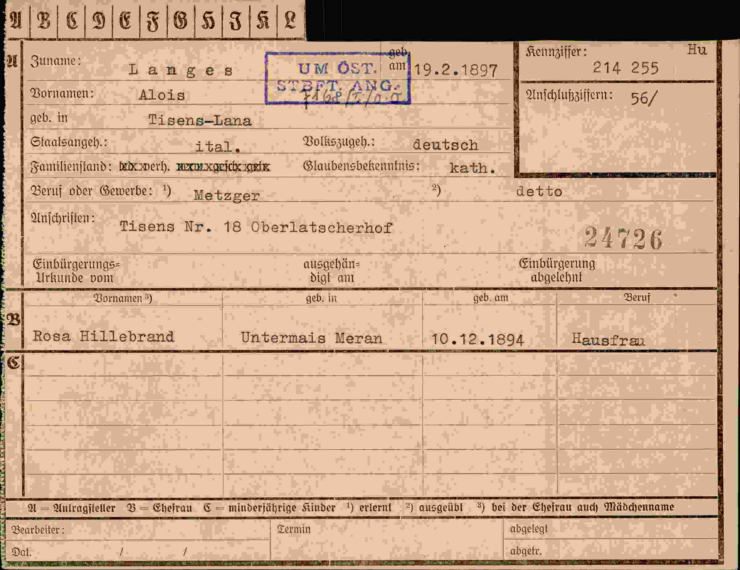 Dokument für Alois Langes