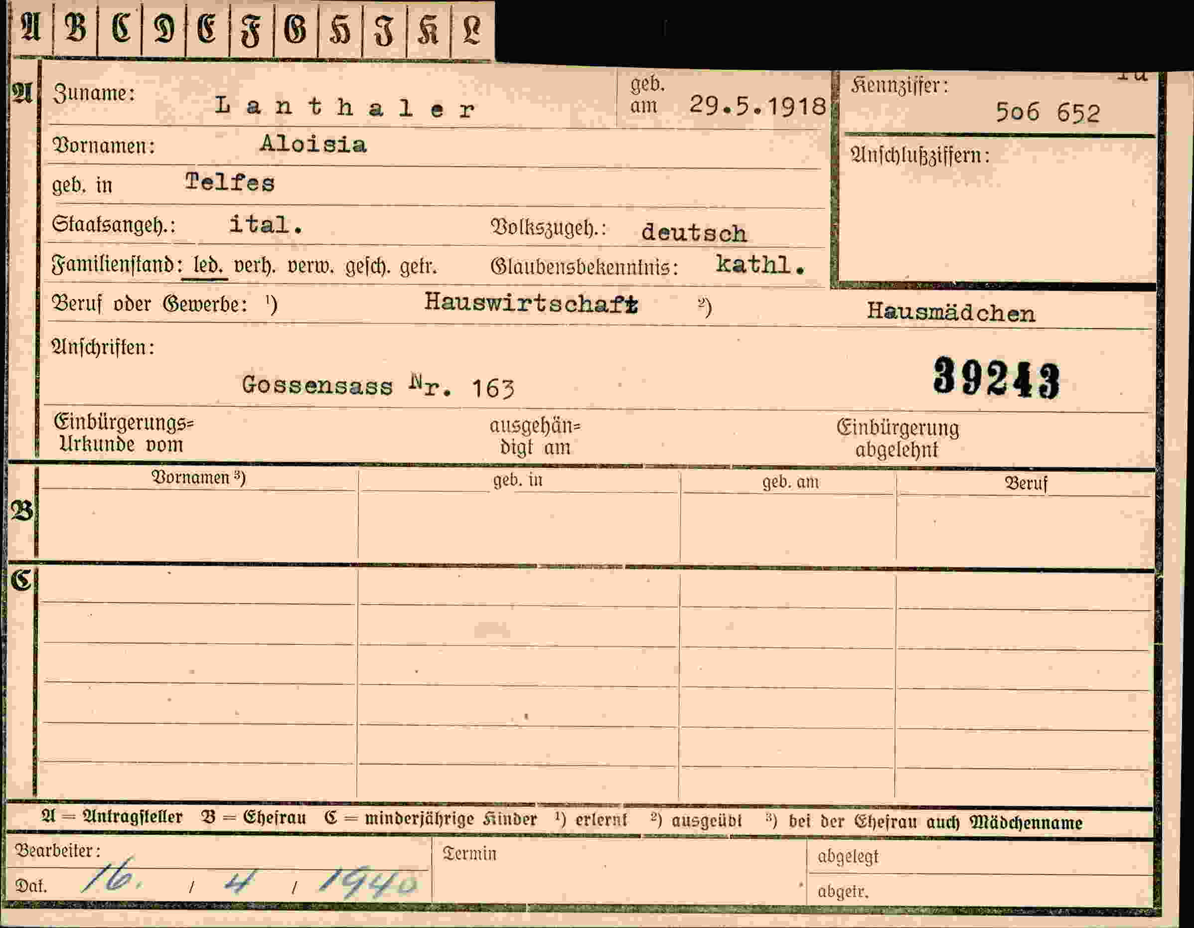 Dokument für Aloisia Lanthaler