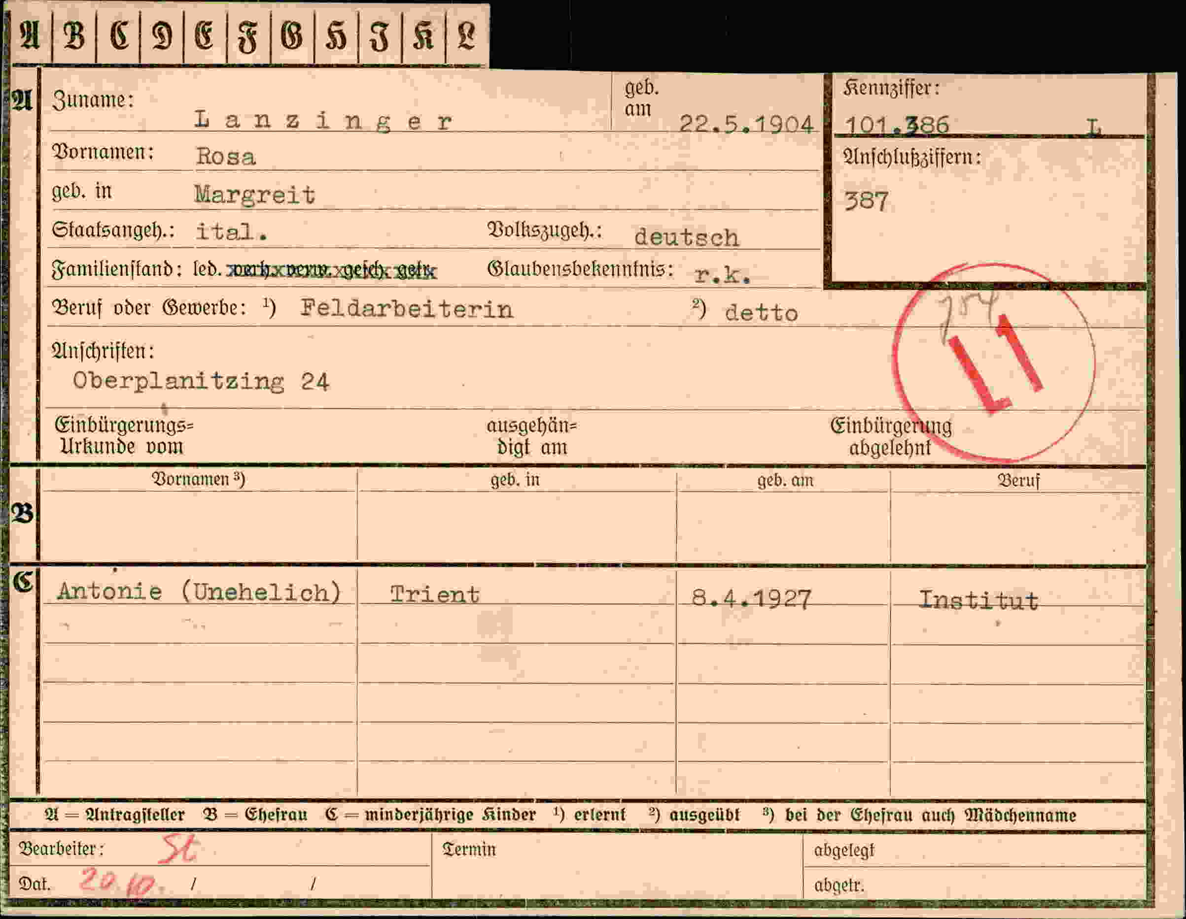 Dokument für Rosa Lanzinger