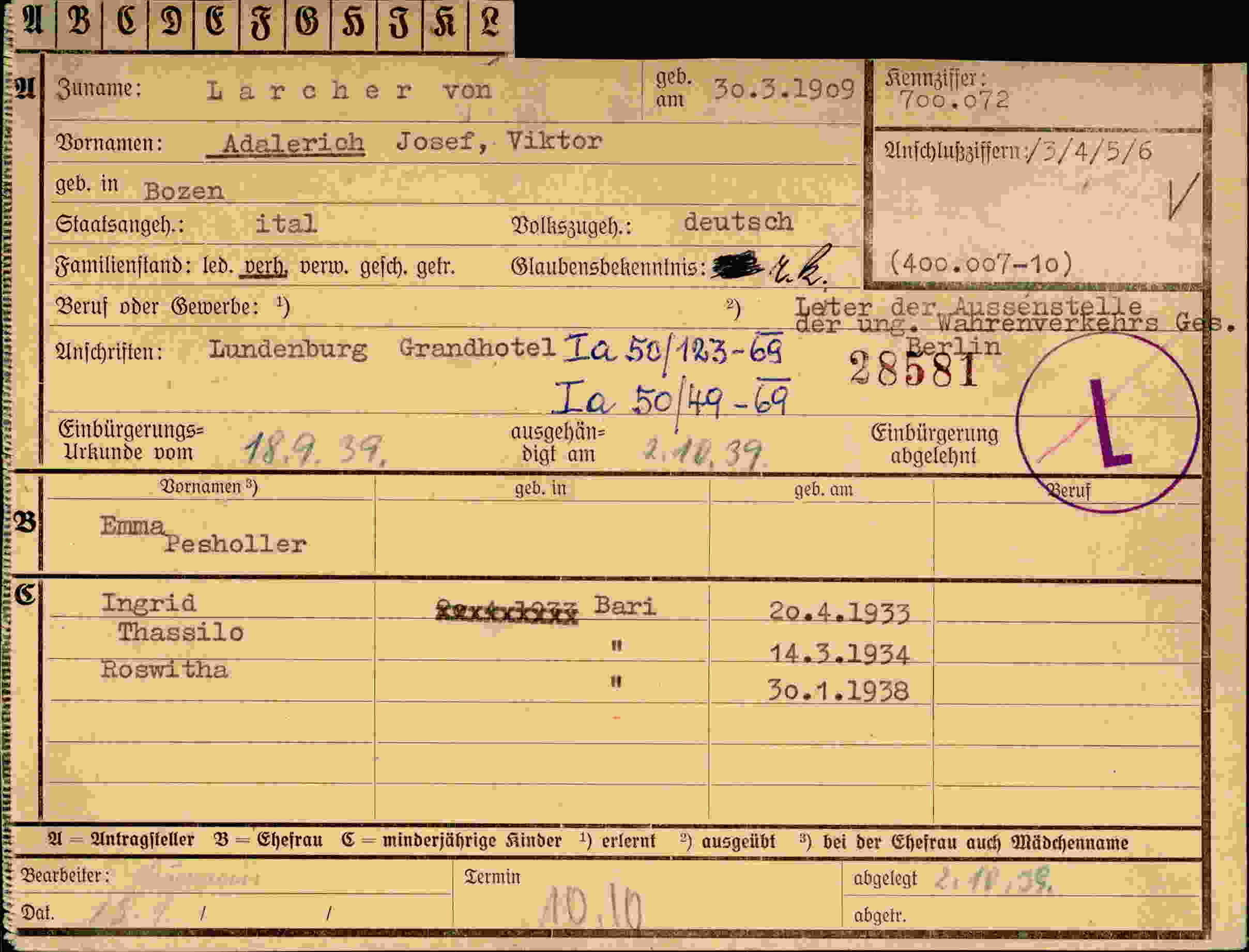 Dokument für Josef Viktor Larcher von